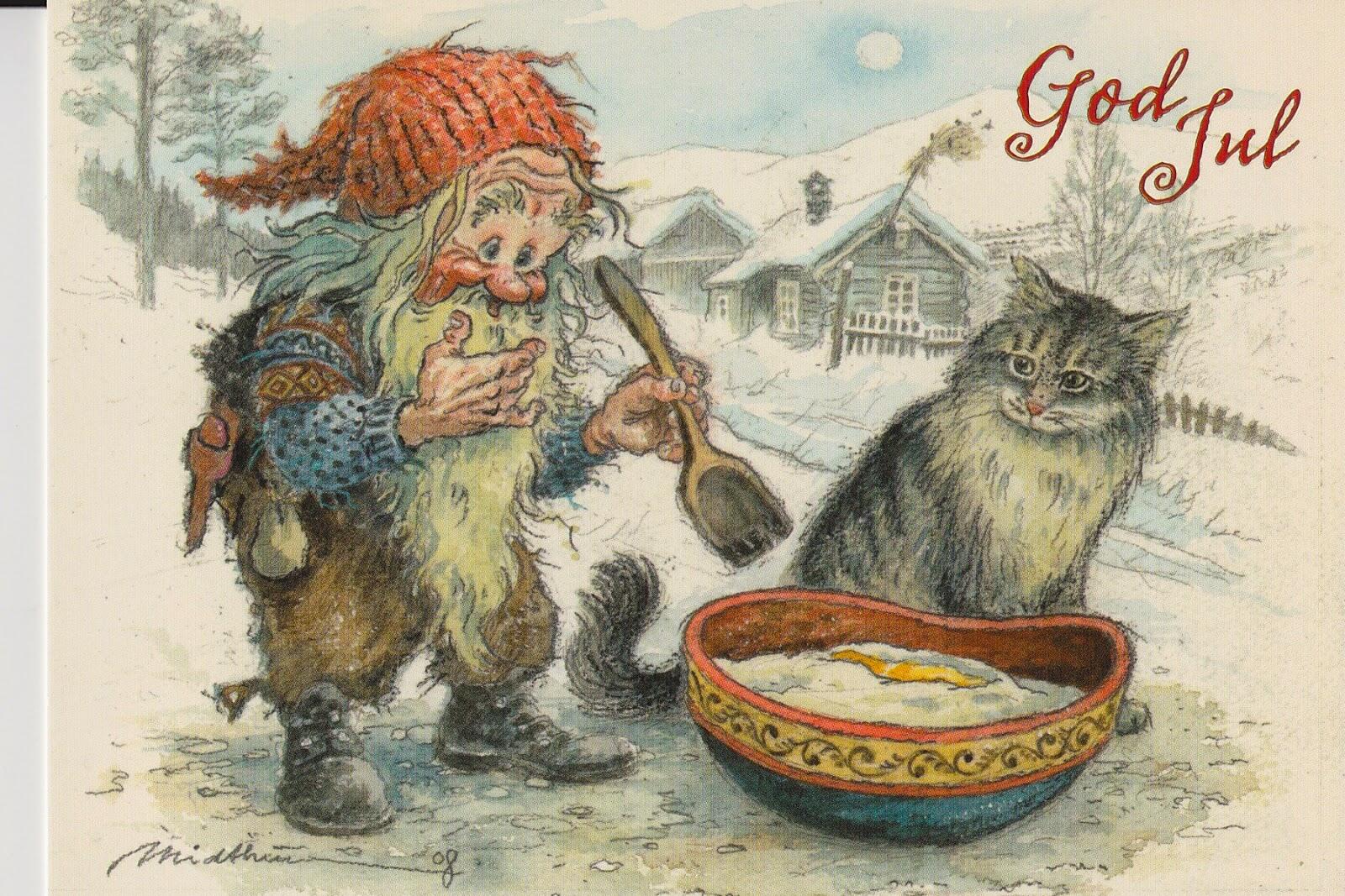 Illustrasjon av en fjøsnisse som holder en skje ved en bolle med grøt, med en katt ved siden av.