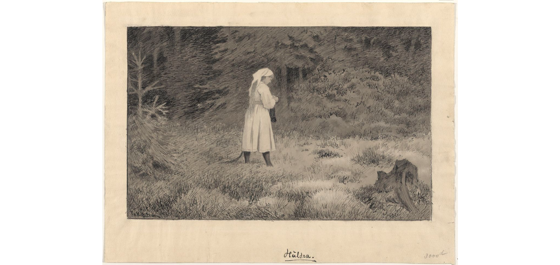 Illustrasjon av huldra av Theodor Kittelsen, viser huldra som del av skogen i norsk folketro.