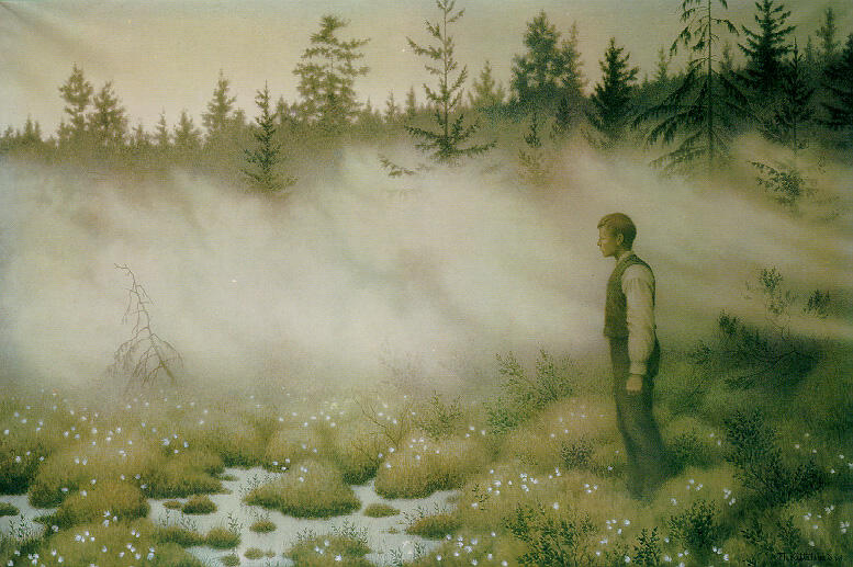 Illustrasjon av Theodor Kittelsen som viser en mann alene i skogen etter møtet med huldra.