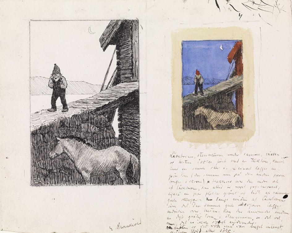 Illustrasjon av en nisse som står ved et fjøs mens en hest står under bygningen.