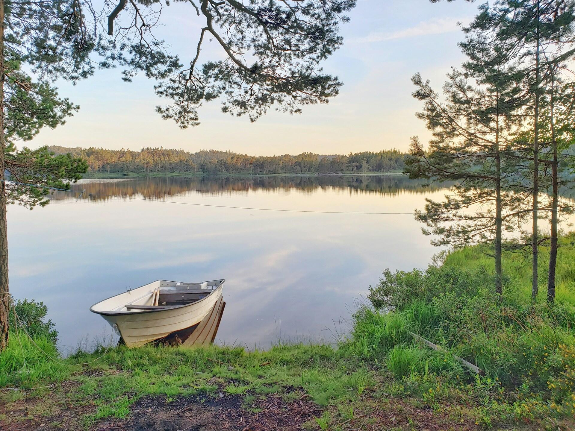 Stille innsjø i Øvrebø i Agder med robåt ved bredden og skog rundt vannet