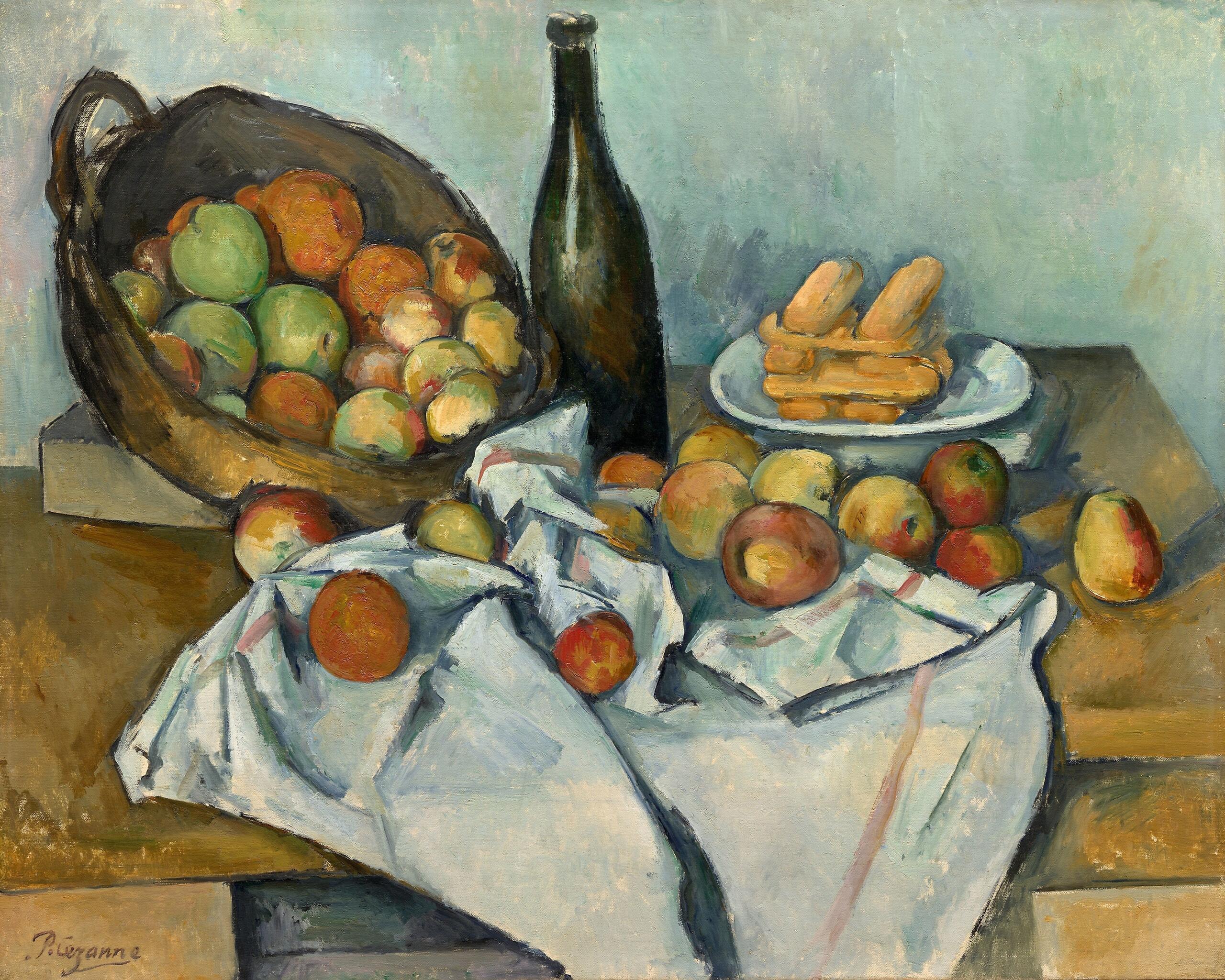 Cézanne maleri Basket of Apples stilleben med epler og skjev komposisjon, Art Institute of Chicago Wikimedia Commons