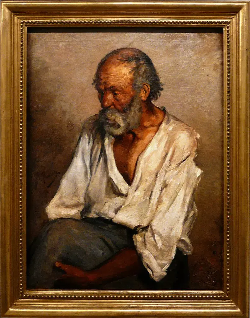 Picasso maleri av en eldre mann i hvit skjorte, malt i realistisk stil.