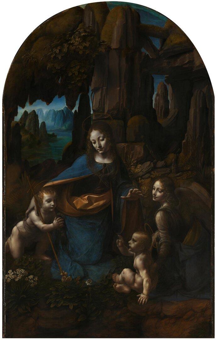 Madonna i grotten, viser Jomfru Maria, Jesusbarnet, Johannes Døperen og engelen Uriel i et grottemiljø