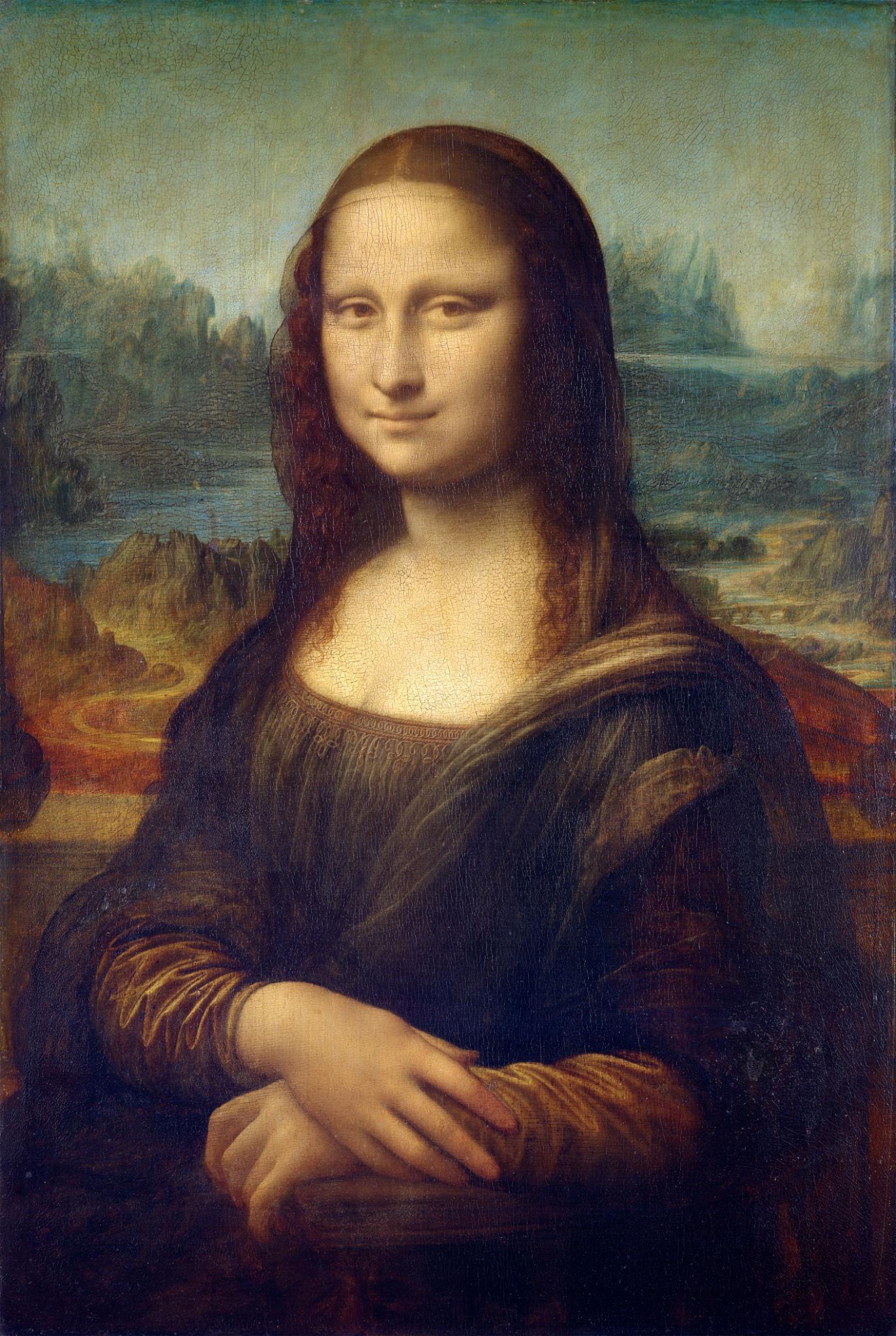 Mona Lisa av Leonardo da Vinci, portrett av Lisa del Giocondo, olje på poppeltre, ca. 1503–1506, Louvre Paris