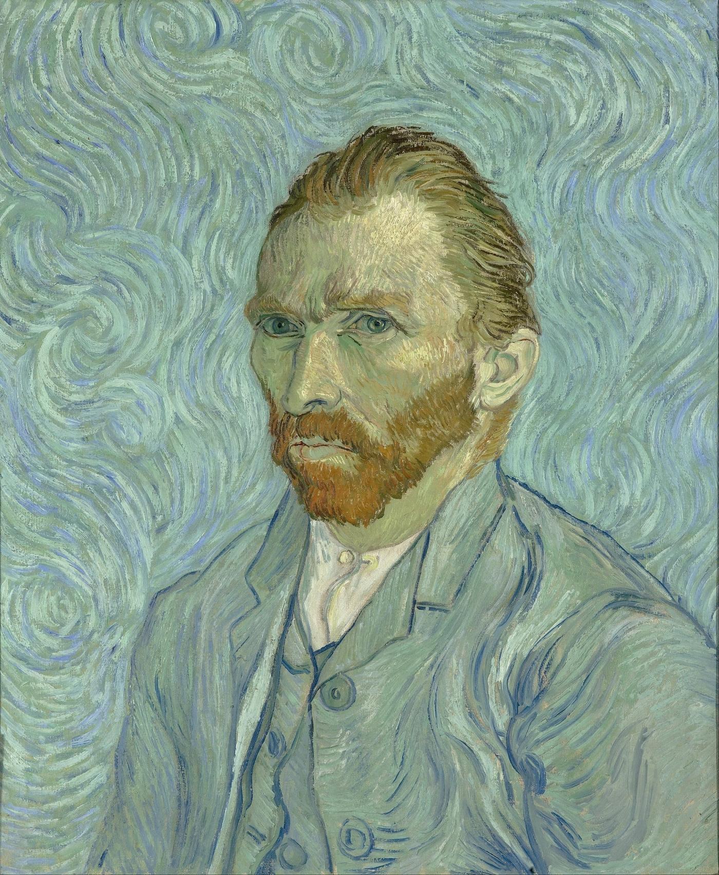 Selvportrett av Vincent van Gogh med virvelende blå bakgrunn.
