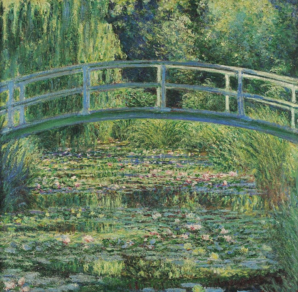 Claude Monet, Vannliljene med japansk bro, 1899, olje på lerret, grønn bro over dam med rosa vannliljer i Giverny