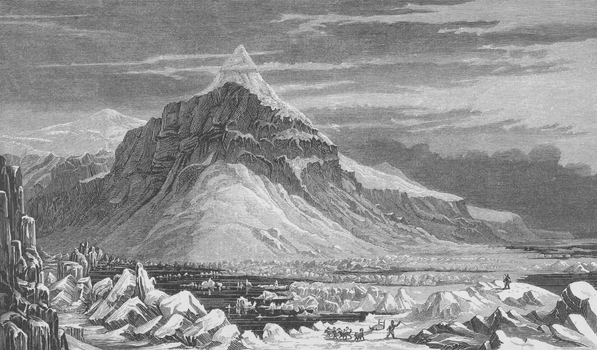 Detaljert grafitttegning av et spiss fjell omgitt av is og snø, tegnet med kryssskravering og skyggelegging