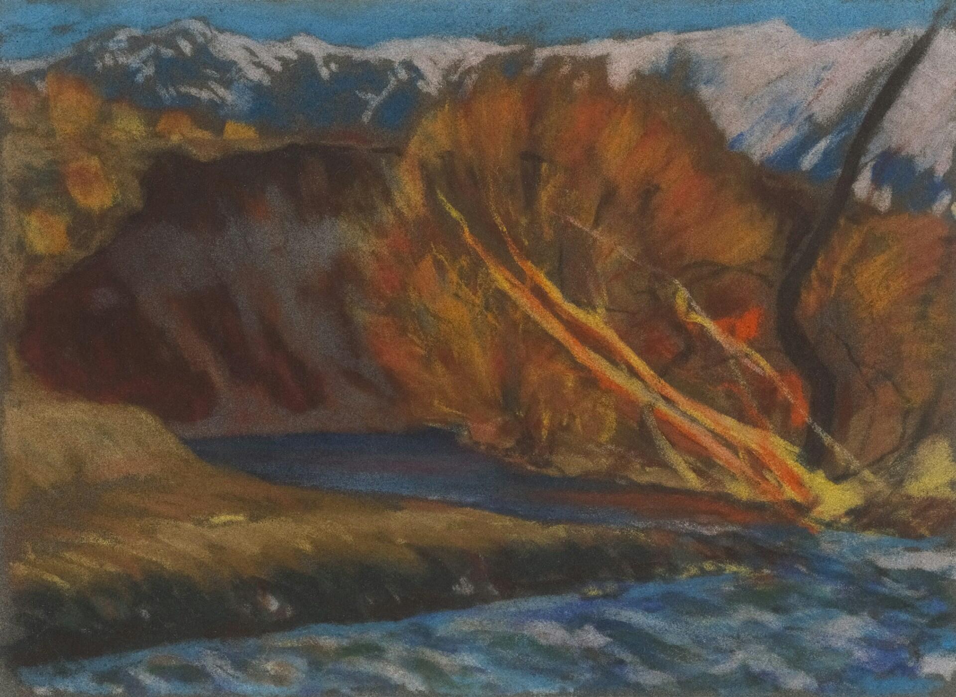 Pastelltegning av rødbrun fjellside med snødekte topper i bakgrunnen og blått vann i forgrunnen