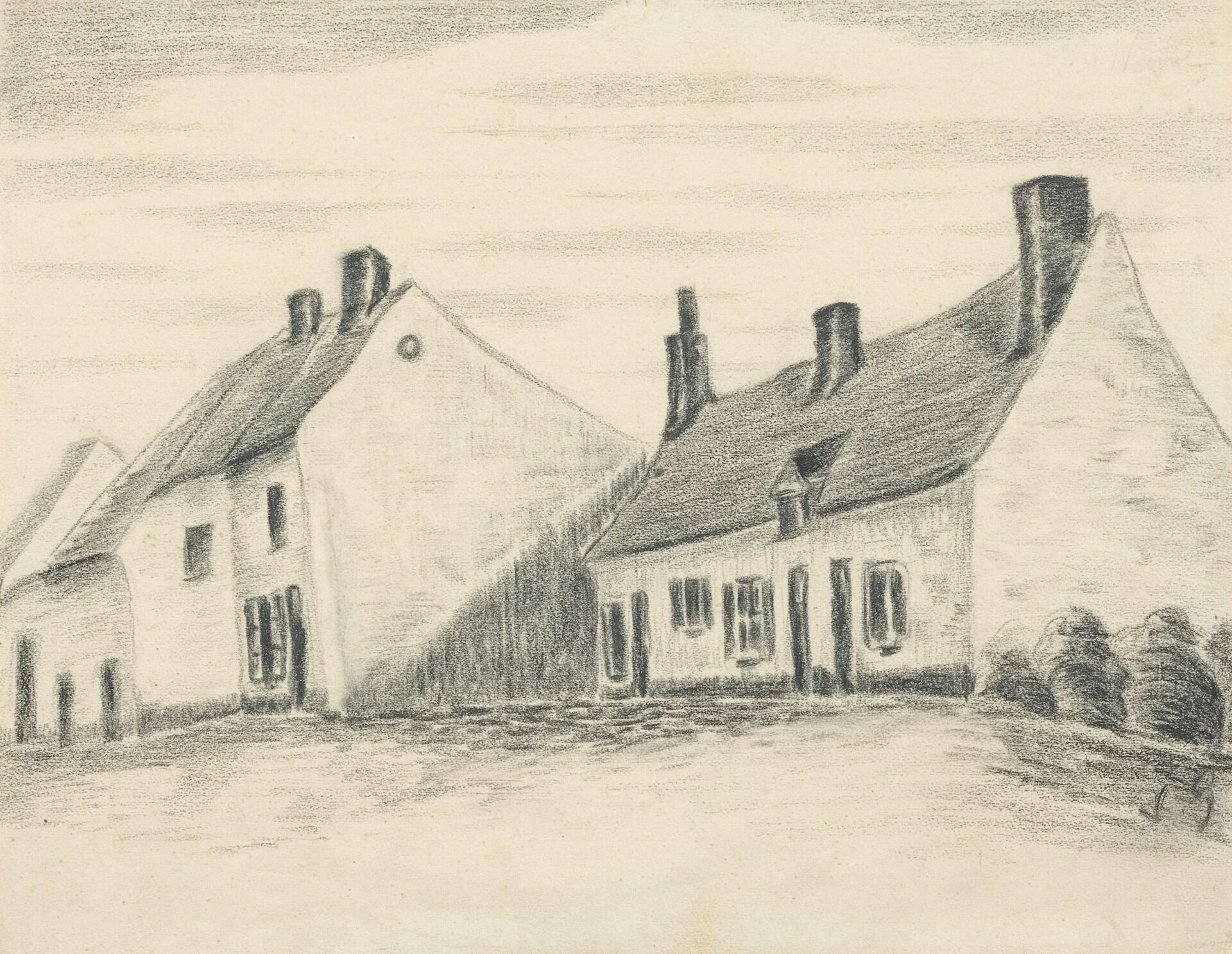Blyantskisse av flere hus i rekke med skorsteiner og skygge