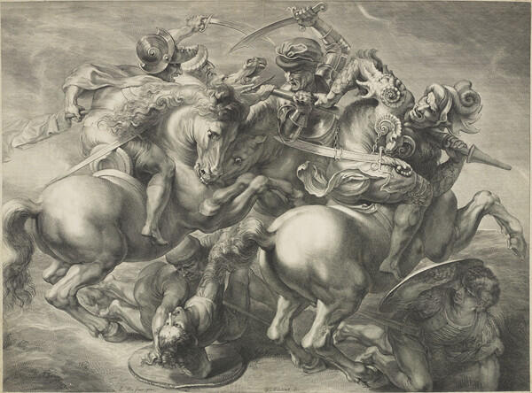 Maleriet slaget ved Anghiari, viser fire ryttere i et voldsomt slag om et banner