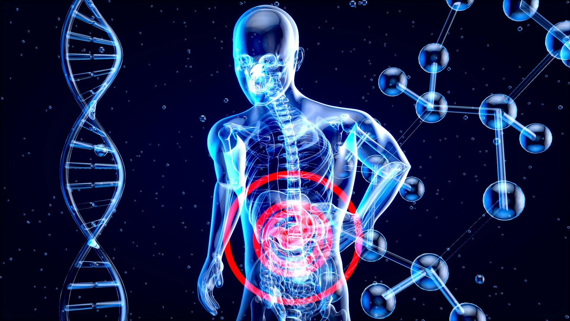 illustrasjon av røntgen av et menneske med biologiske figurer rundt omkring