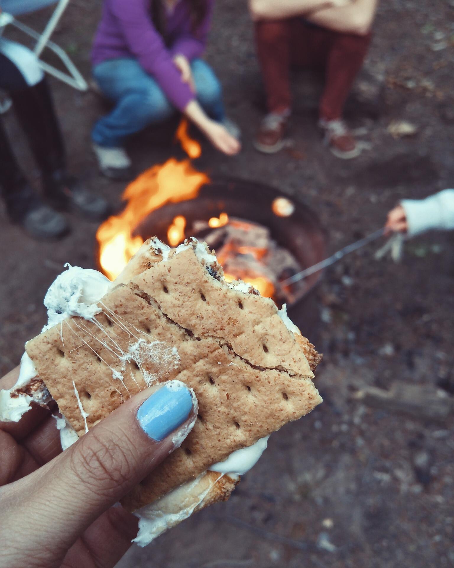 S’mores med kjeks og smeltet marshmallow foran et bål.