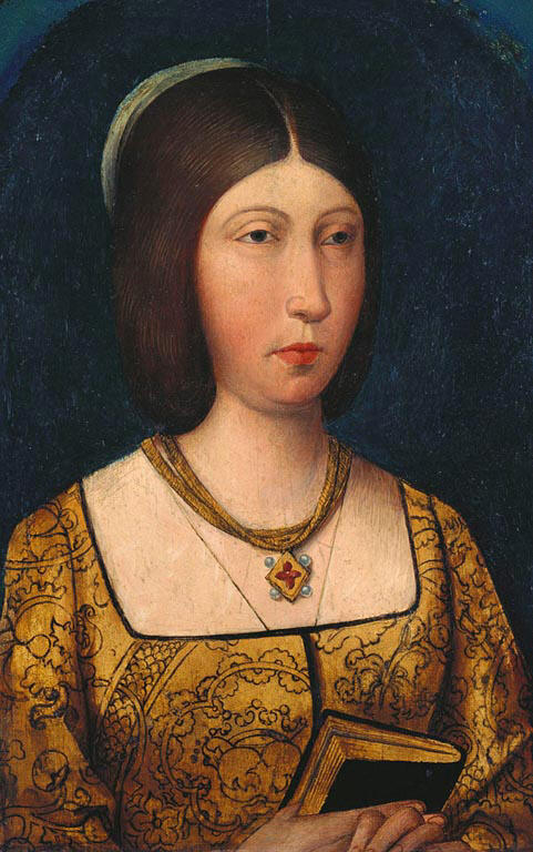 Historisk portrettmaleri av dronning Isabella I av Castilla med en bok i hånden.