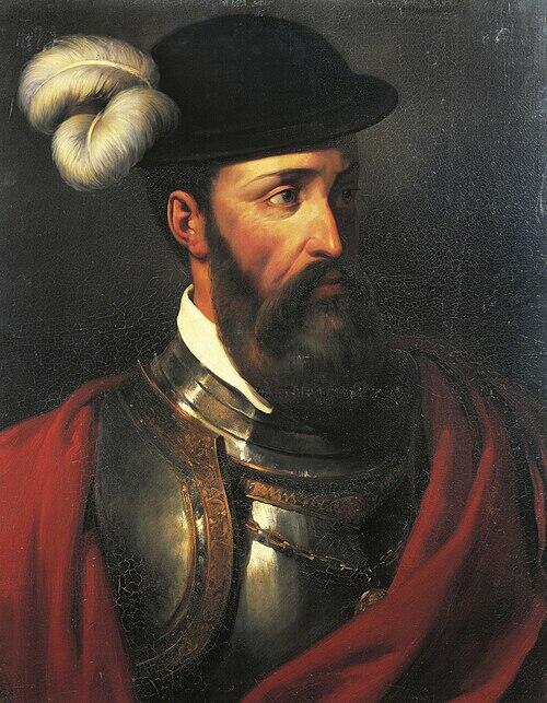 Historisk portrettmaleri av Francisco Pizarro iført rustning og rød kappe.