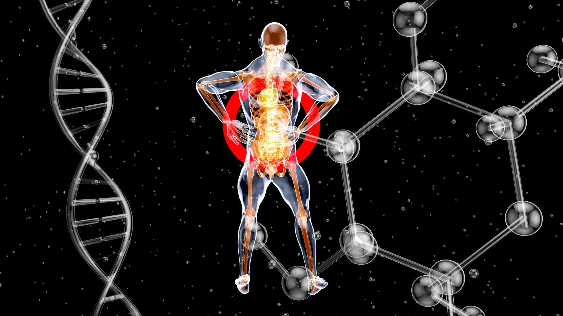 Illustrasjon av menneskekroppen omgitt av DNA og molekyler som symboliserer metabolisme og biokjemi.