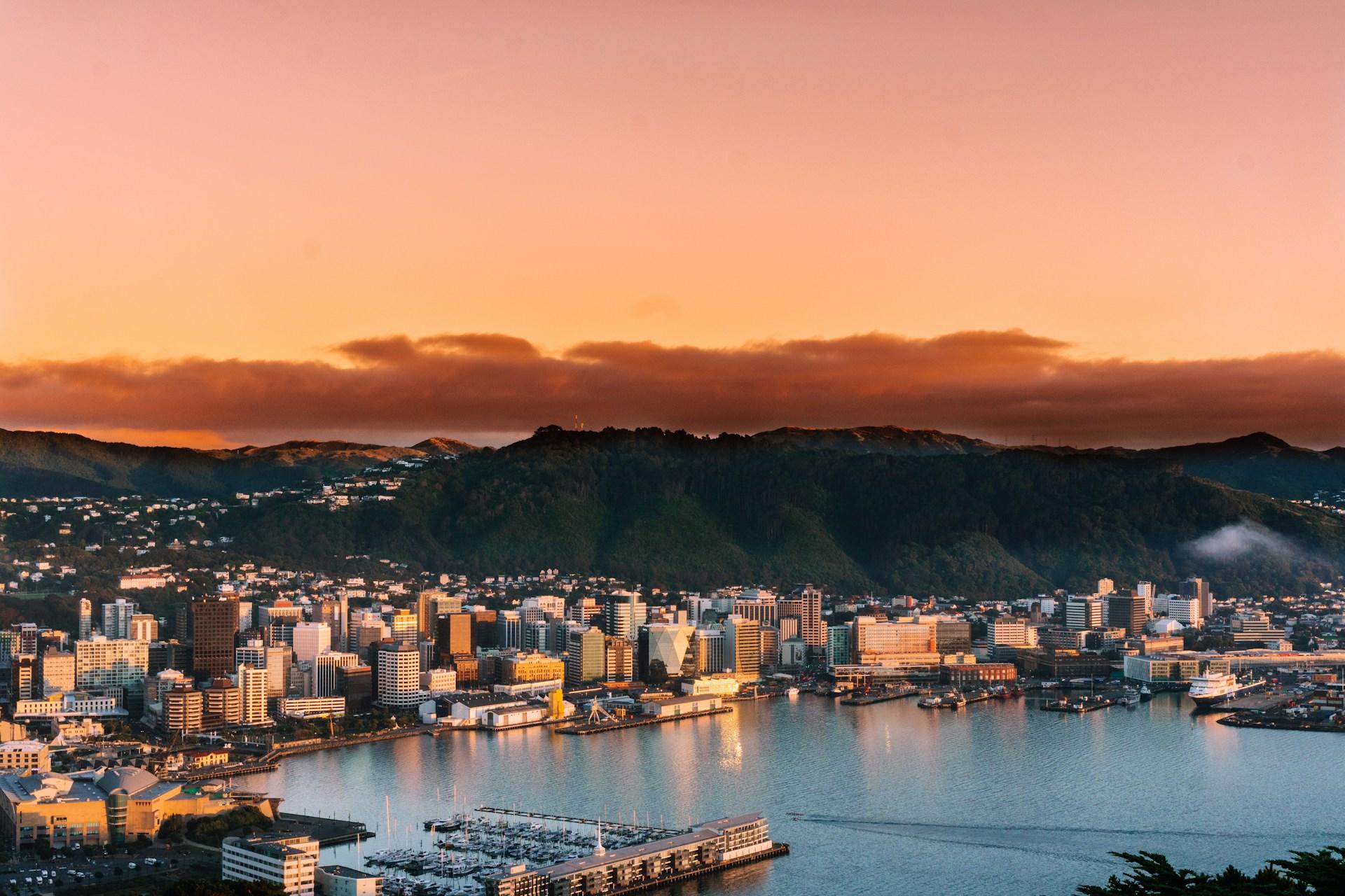 A view of Wellington, New Zealand, at sunrise.