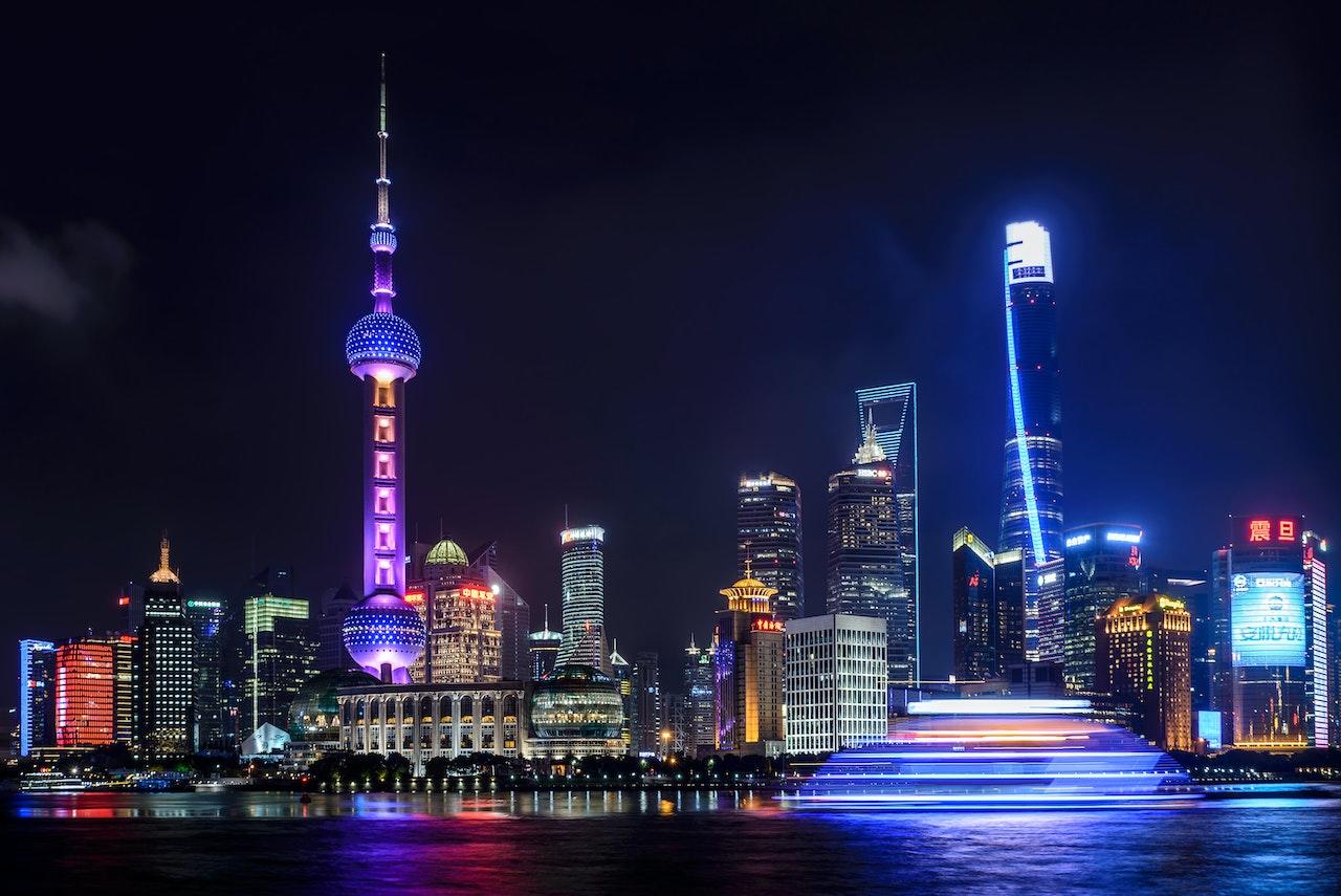 The Shanghai skyline at night.