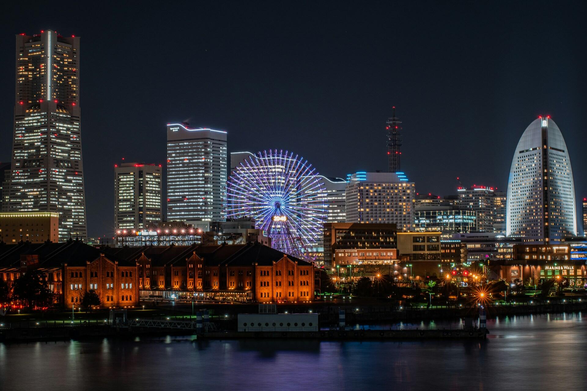 A view of Yokohama at night.