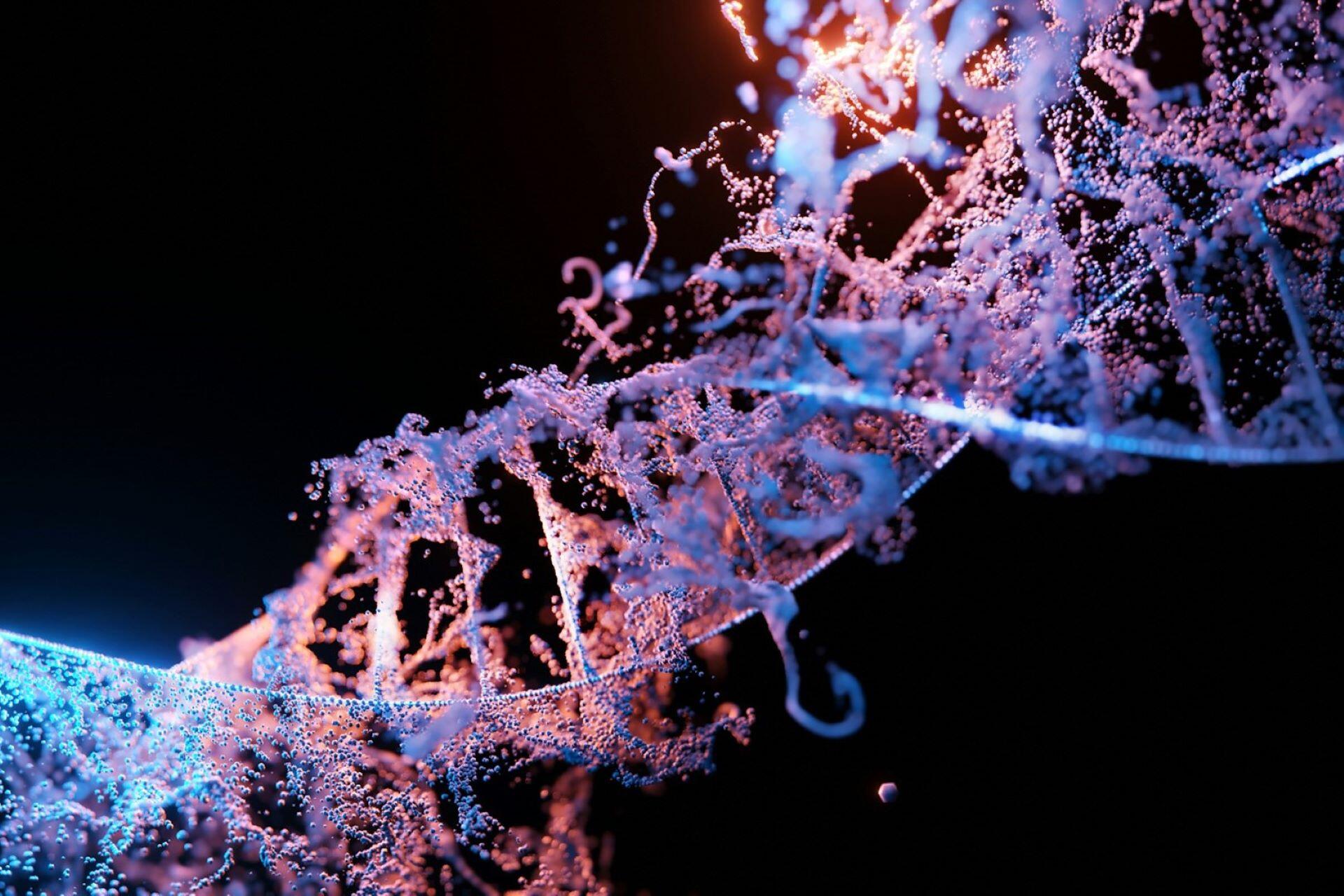 close-up of a DNA double helix structure with glowing particles