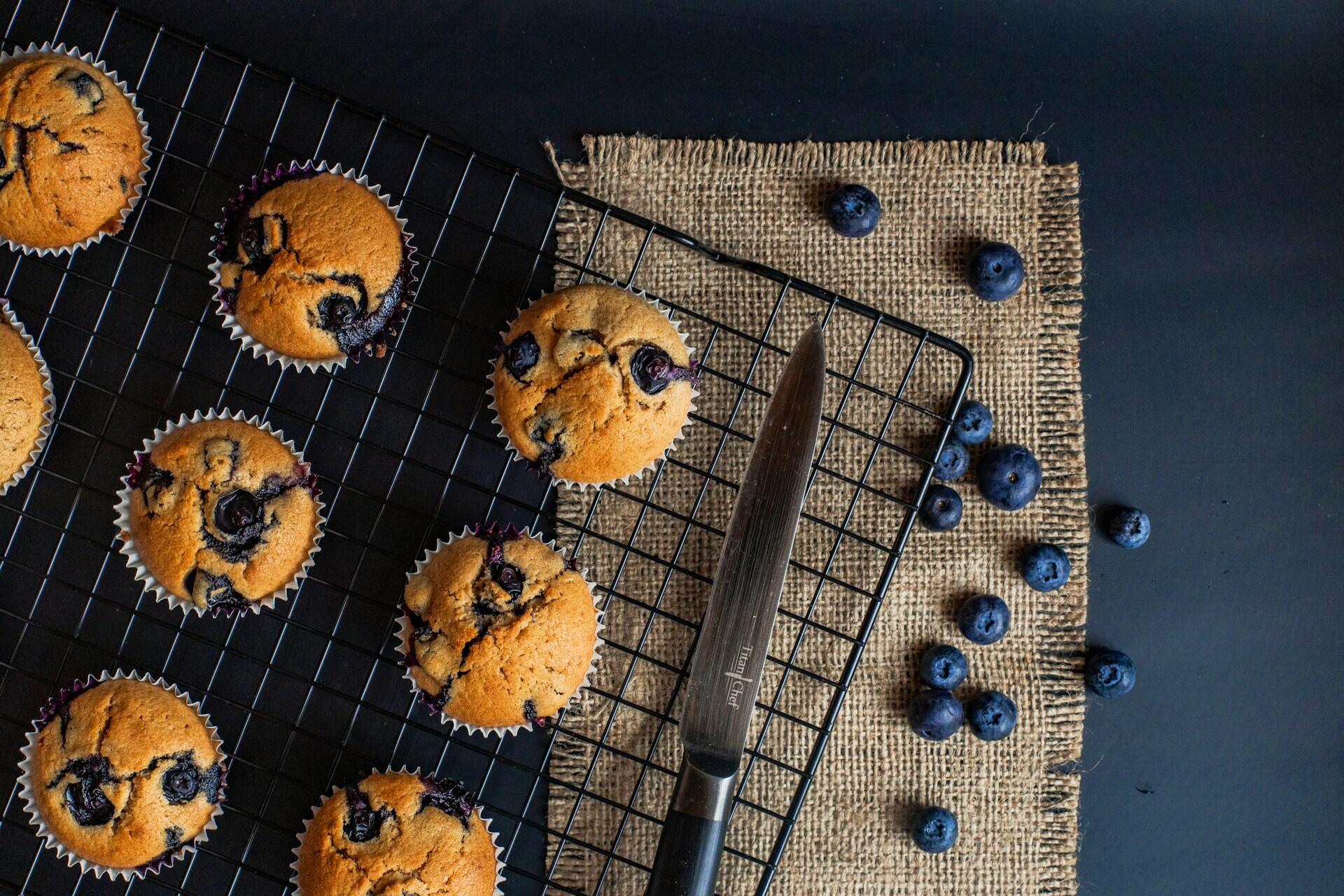 Blueberry muffins and blueberries.