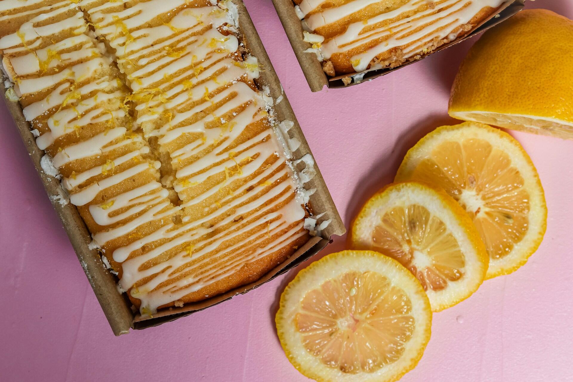 Lemon drizzle cake and ingredients.