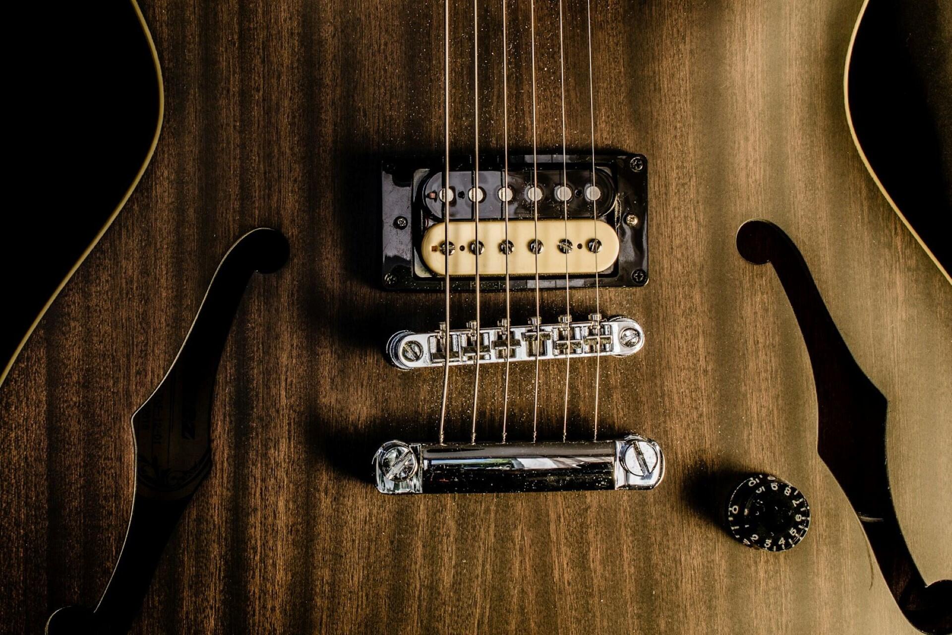 A brown guitar with f-holes.