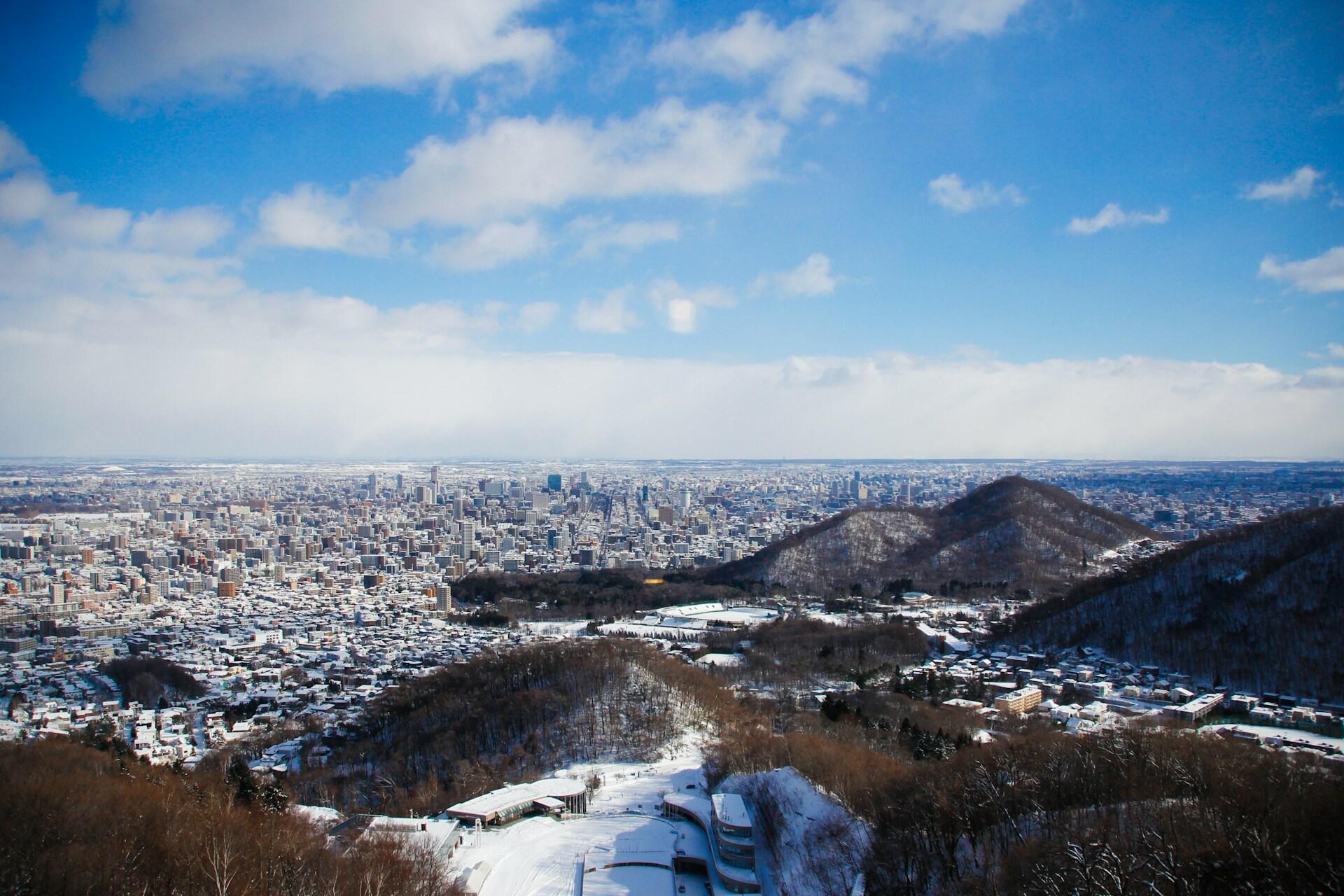 A view of snow-covered landscape in Hokkaido, Japan.