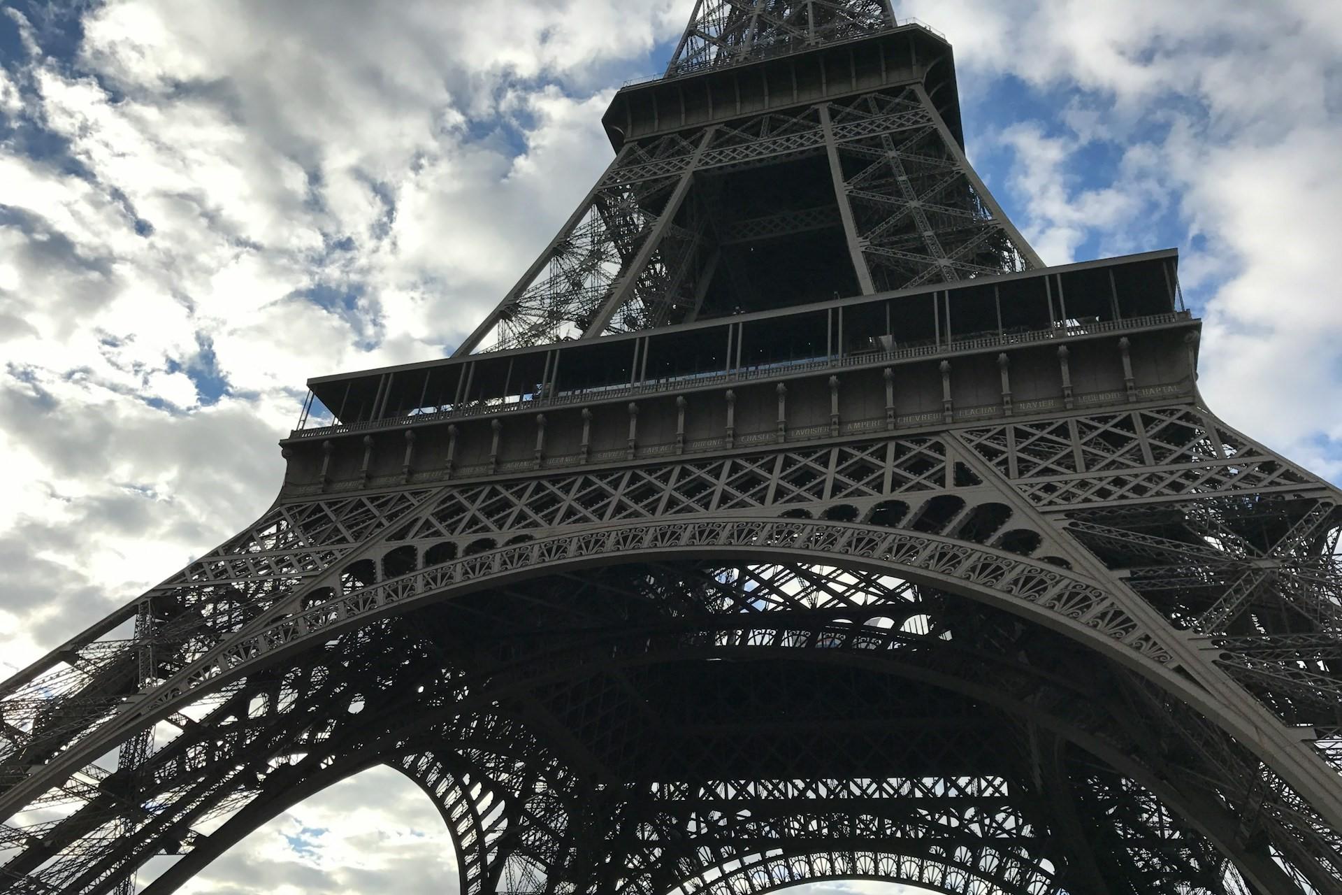 A view of the underside of the Eiffel Tower.