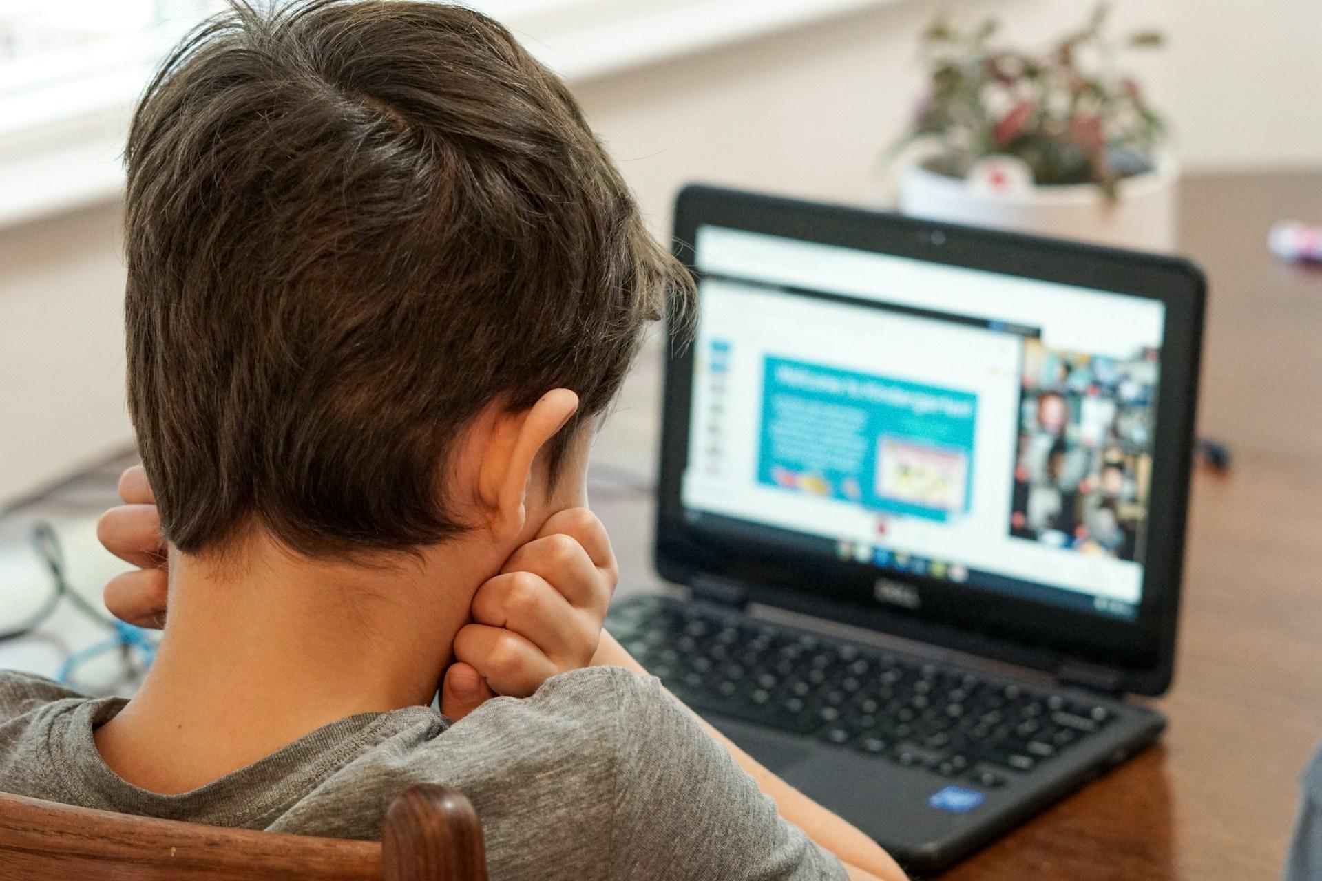 A child studying on a laptop.