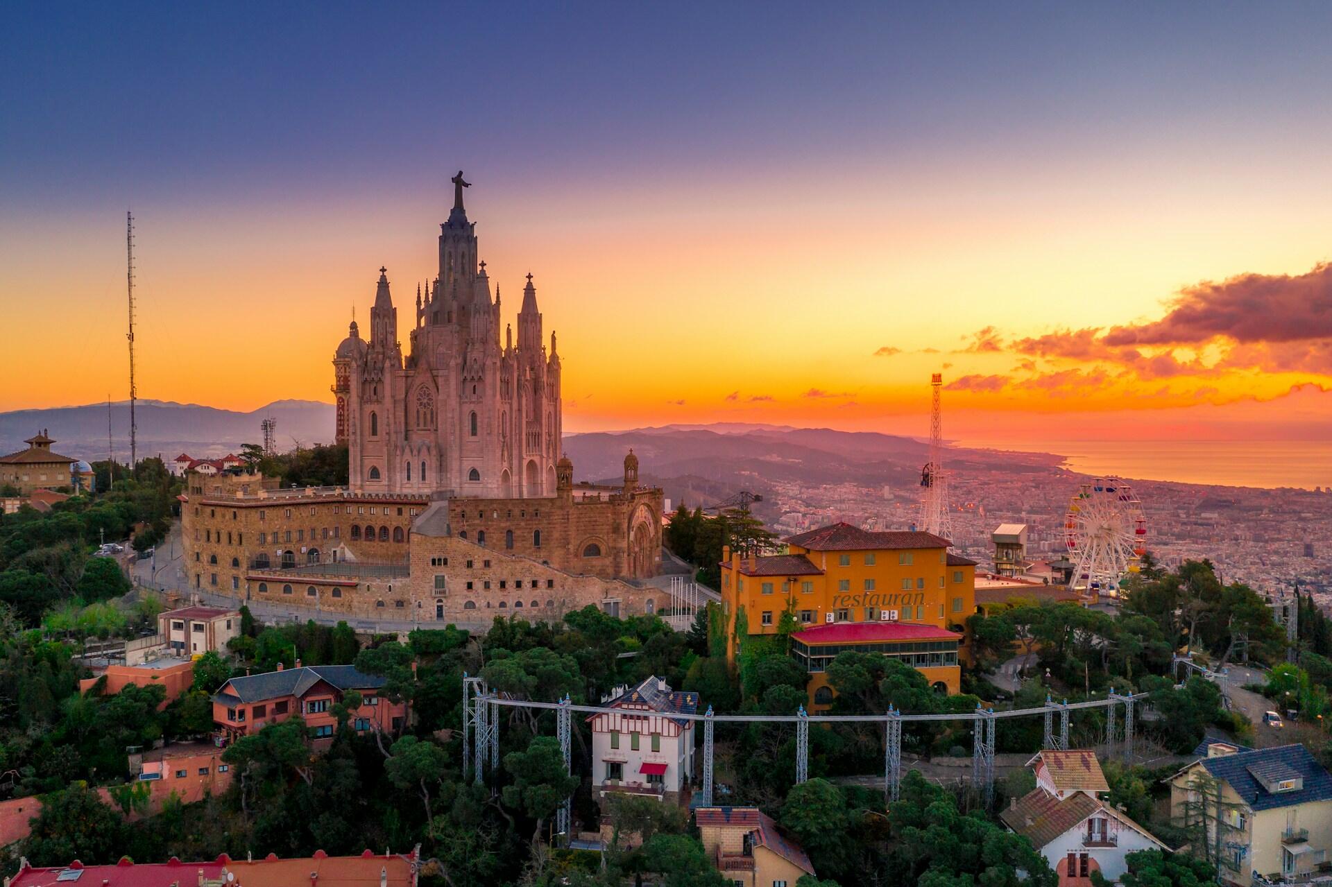 Barcelona, Spain, at sunset.