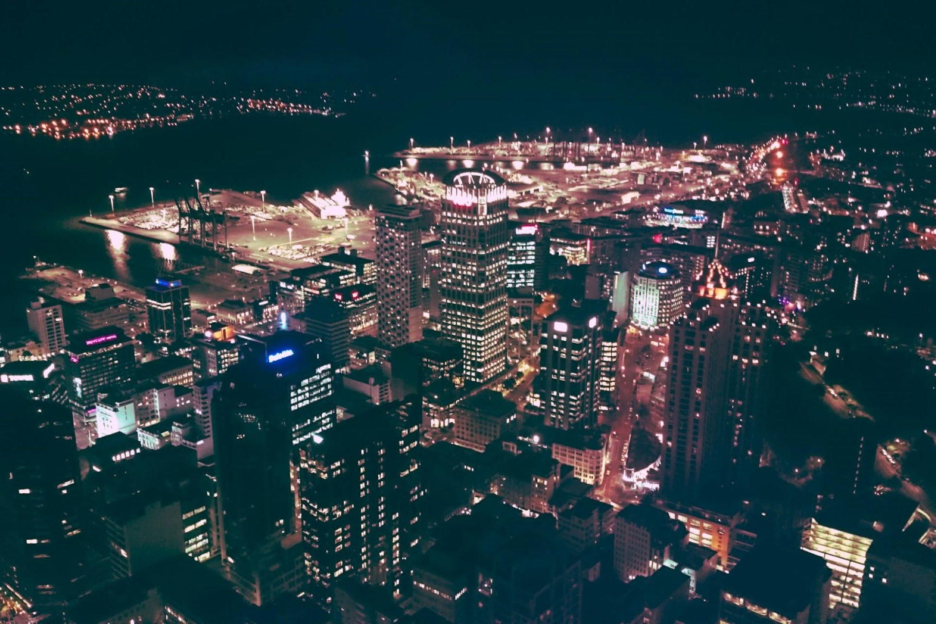 A view of the Auckland skyline at night.
