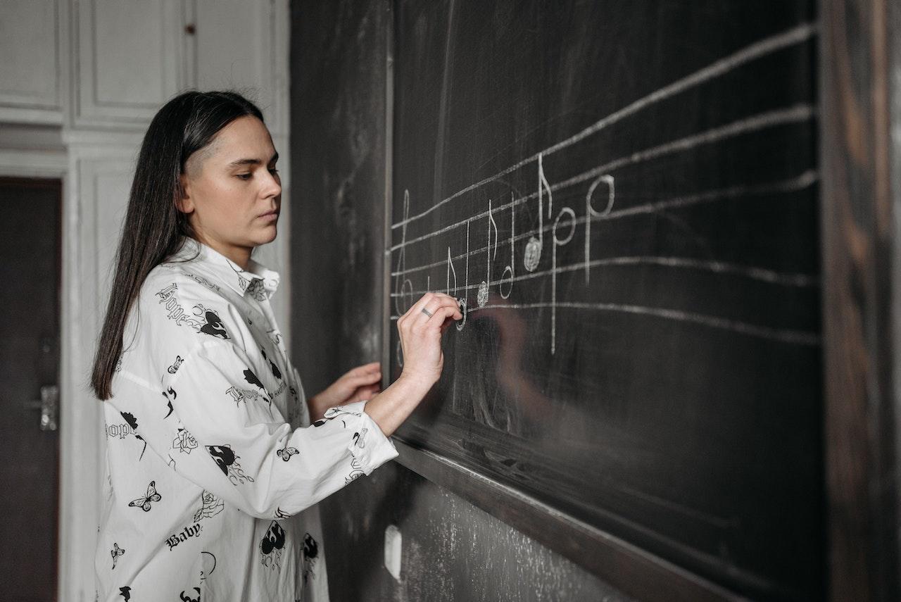 A teacher writes music notes with chalk on a chalkboard.
