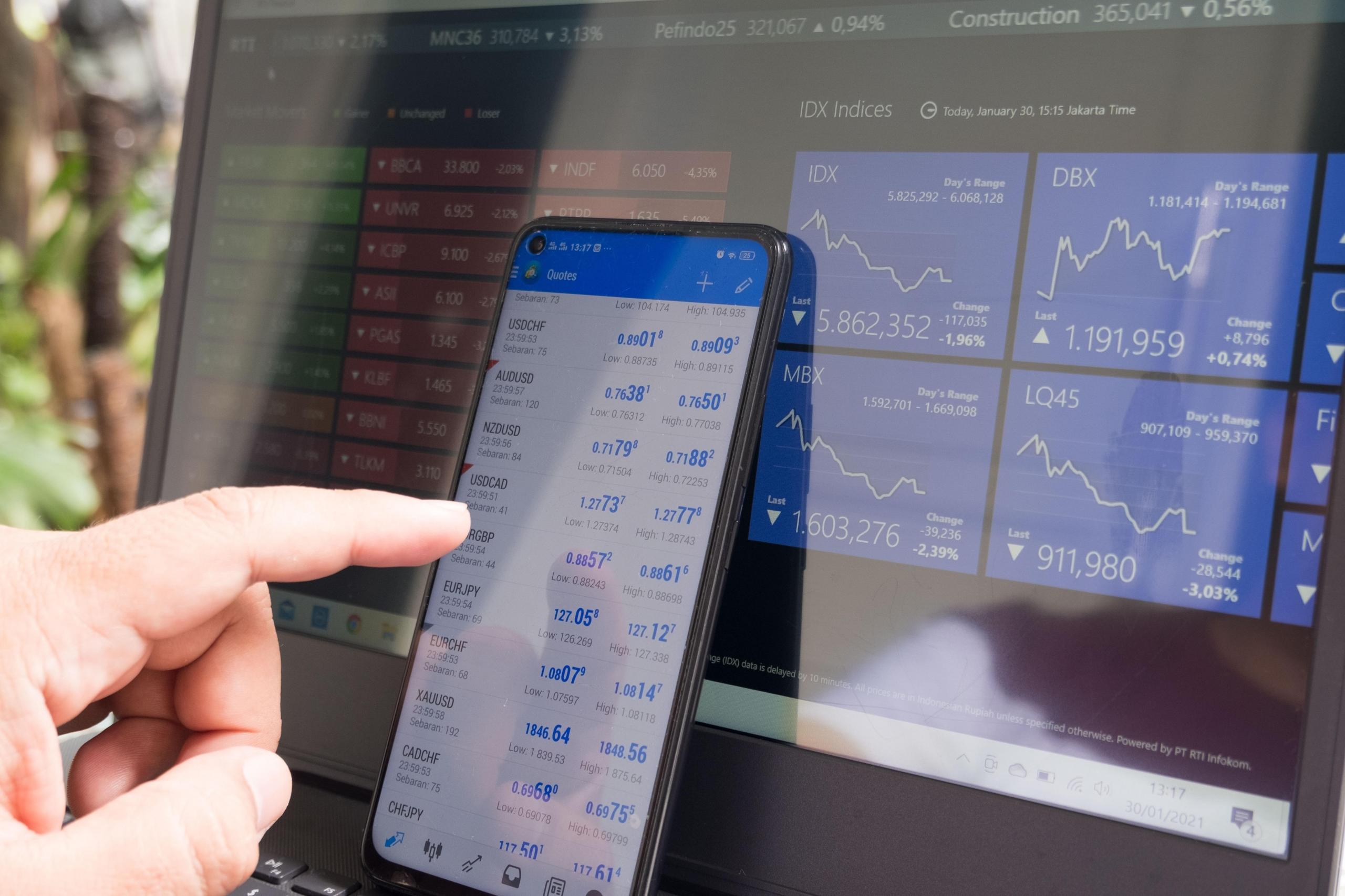 Someone using mobile and monitors to look at stocks