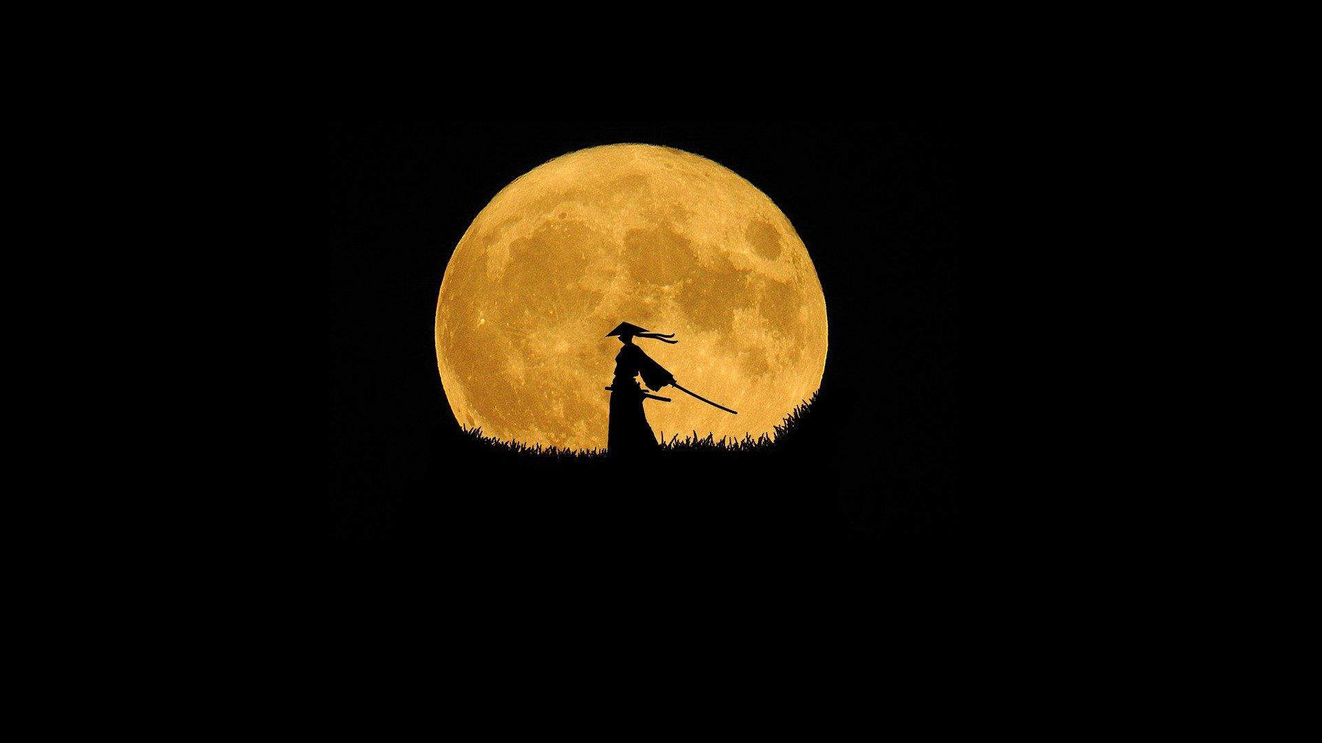 Samurai warrior silhouetted by japan moonlight