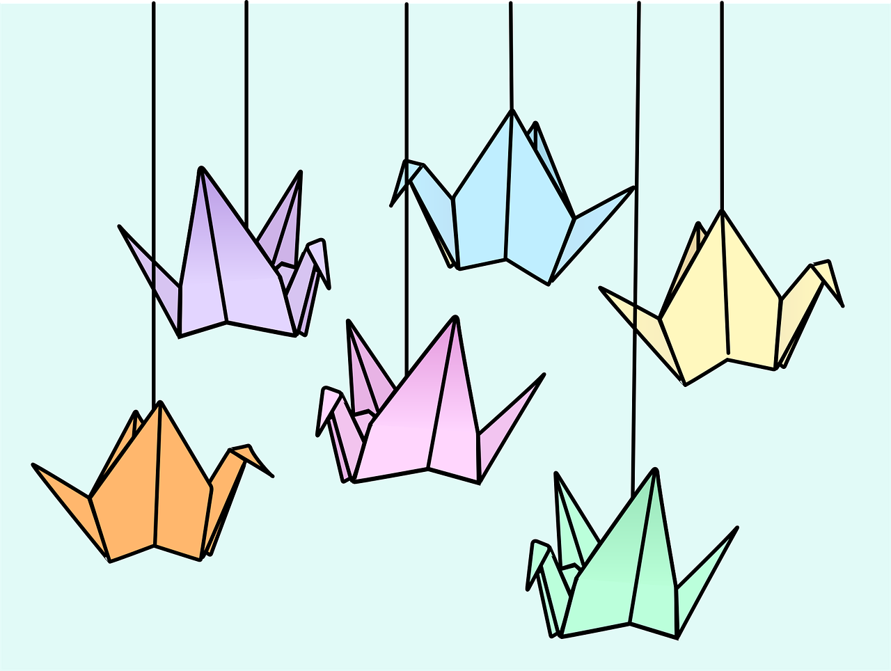 roku origami cranes in different colours