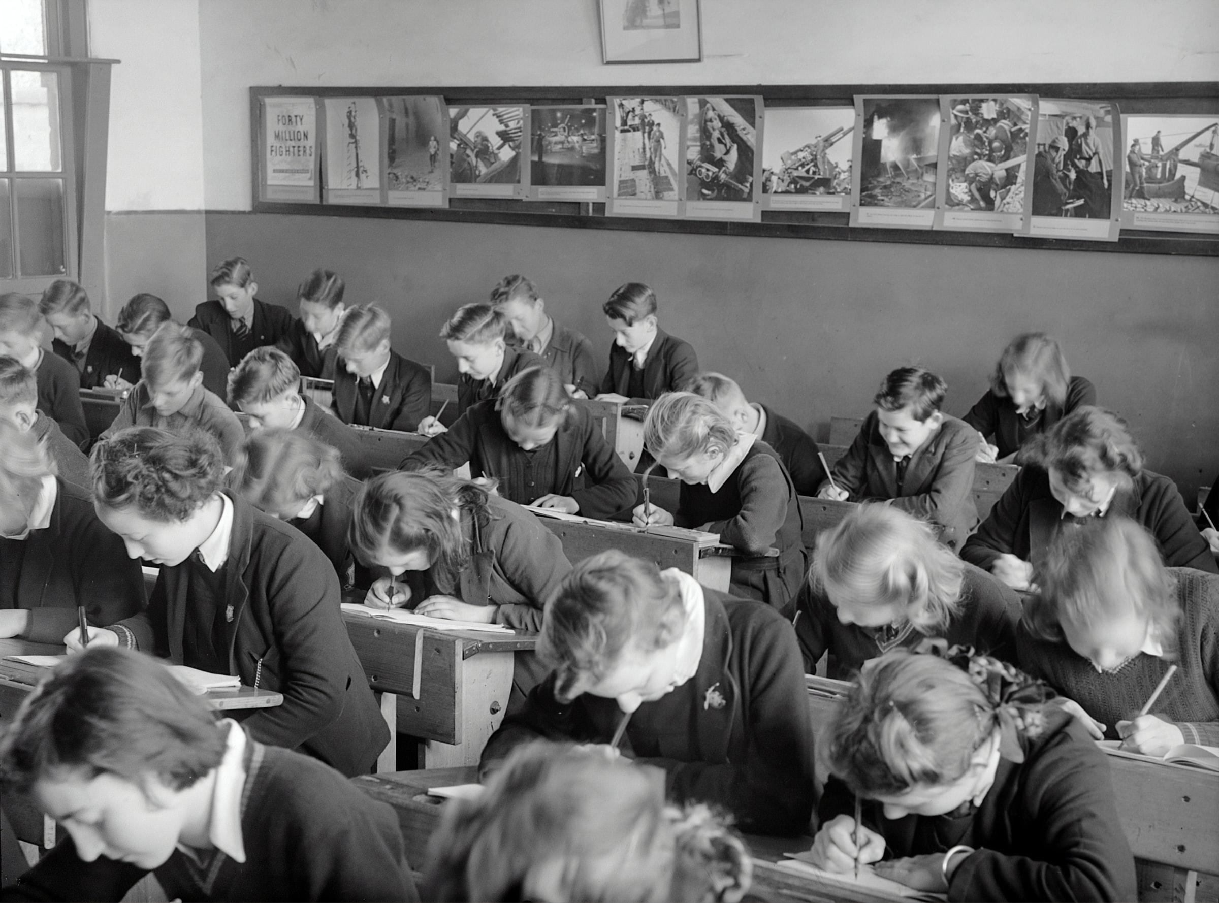 historical photo on students in an exam