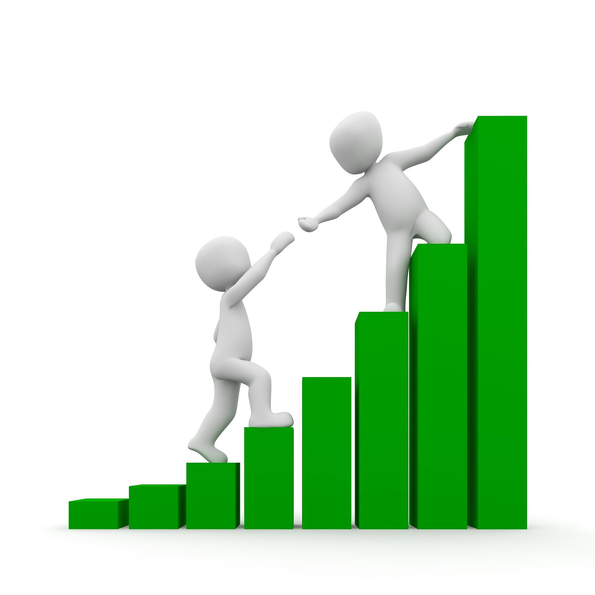 Green bar graph with two figures climbing, one reaching back to help pull the other up