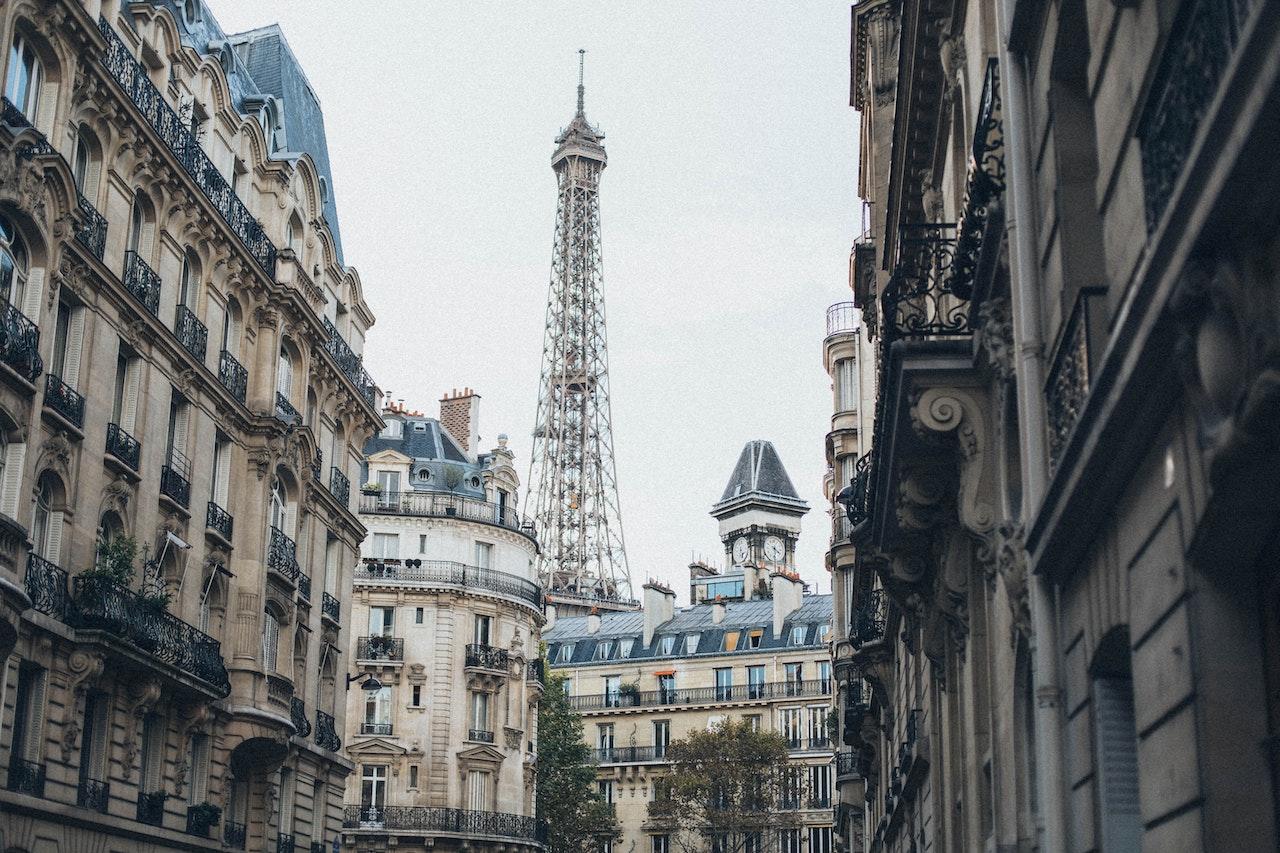 A view of the Eiffel Tower from a nearby street