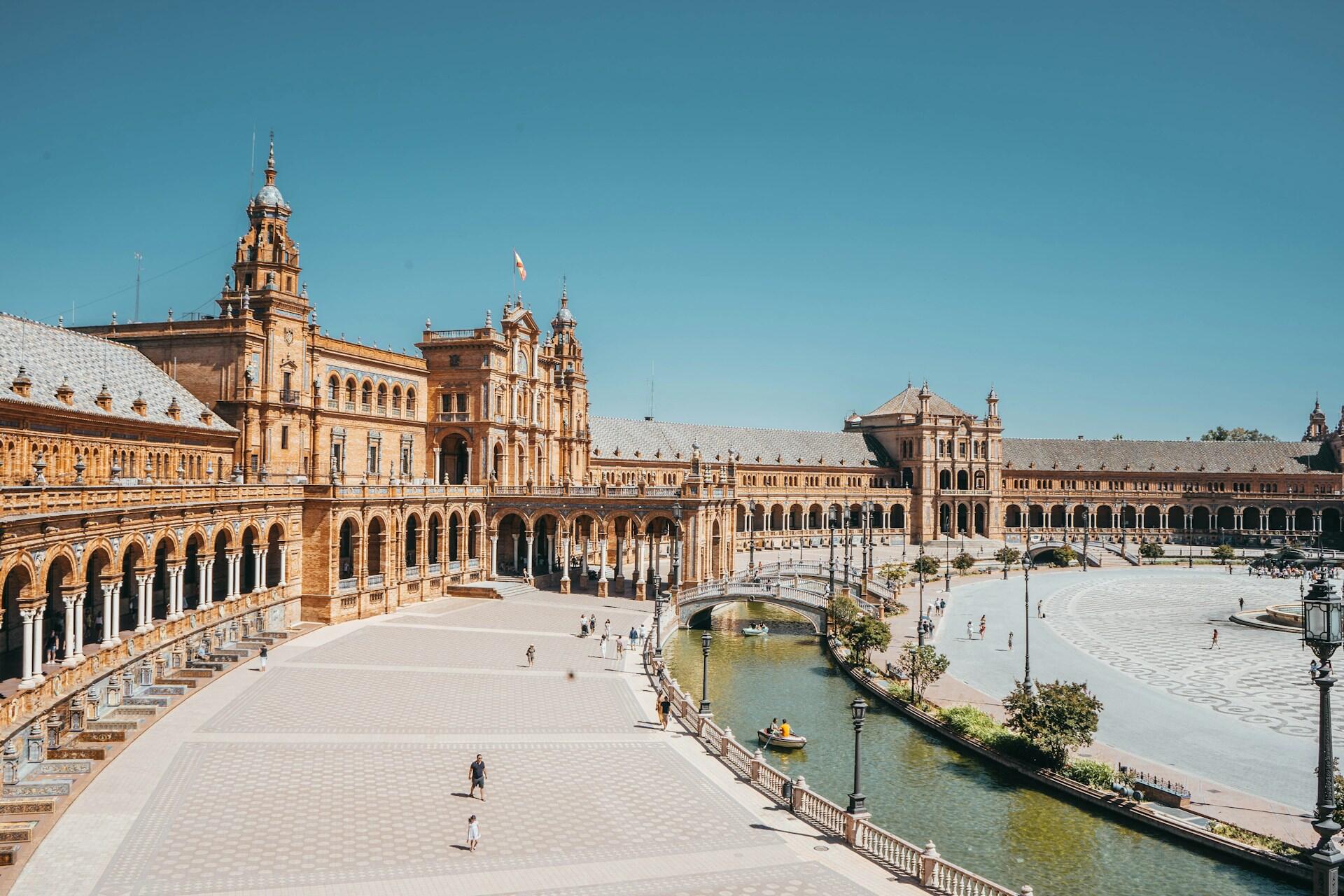 Plaza de España in Seville with its curved buildings, canal and open square