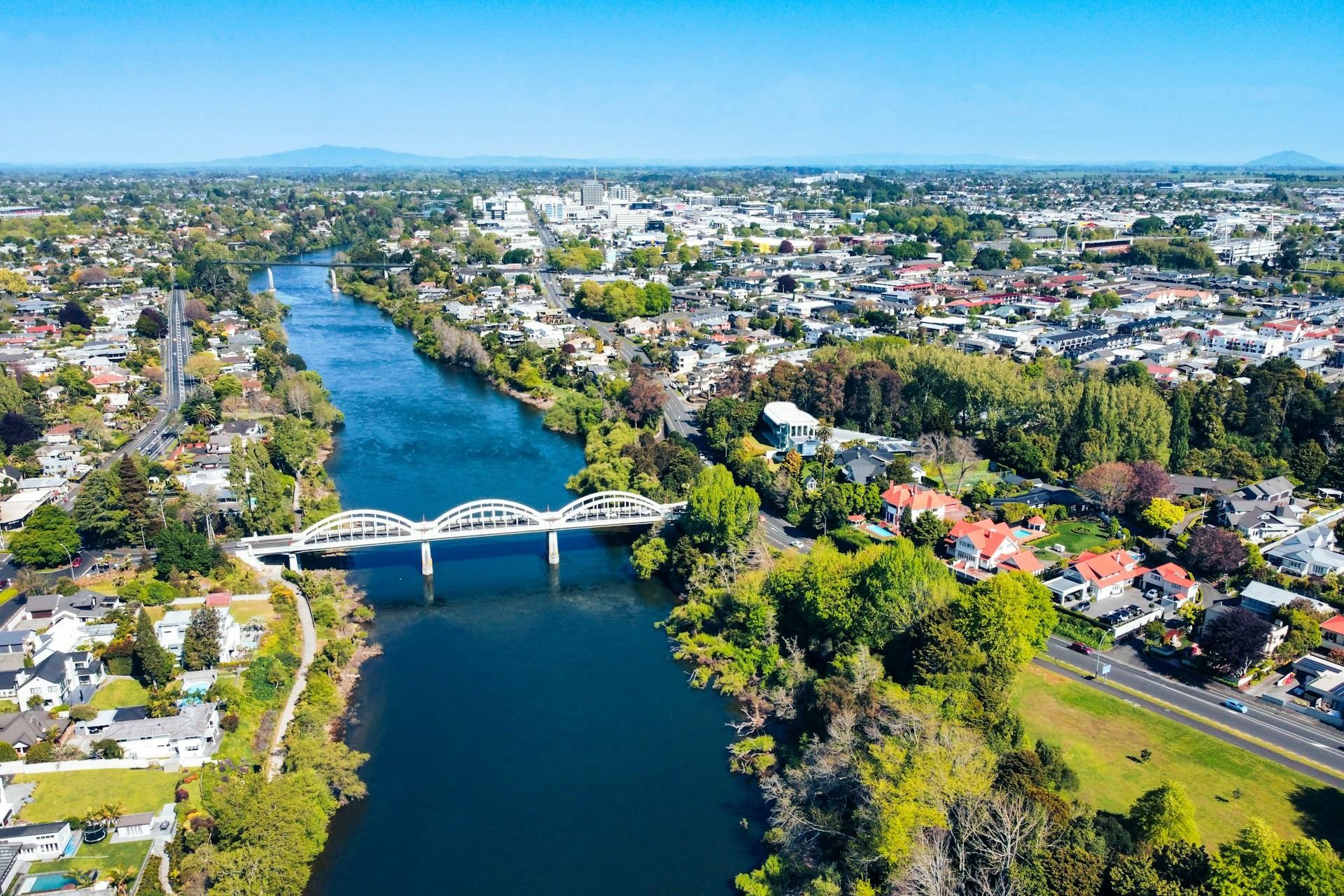 An aerial view over Hamilton, New Zealand.