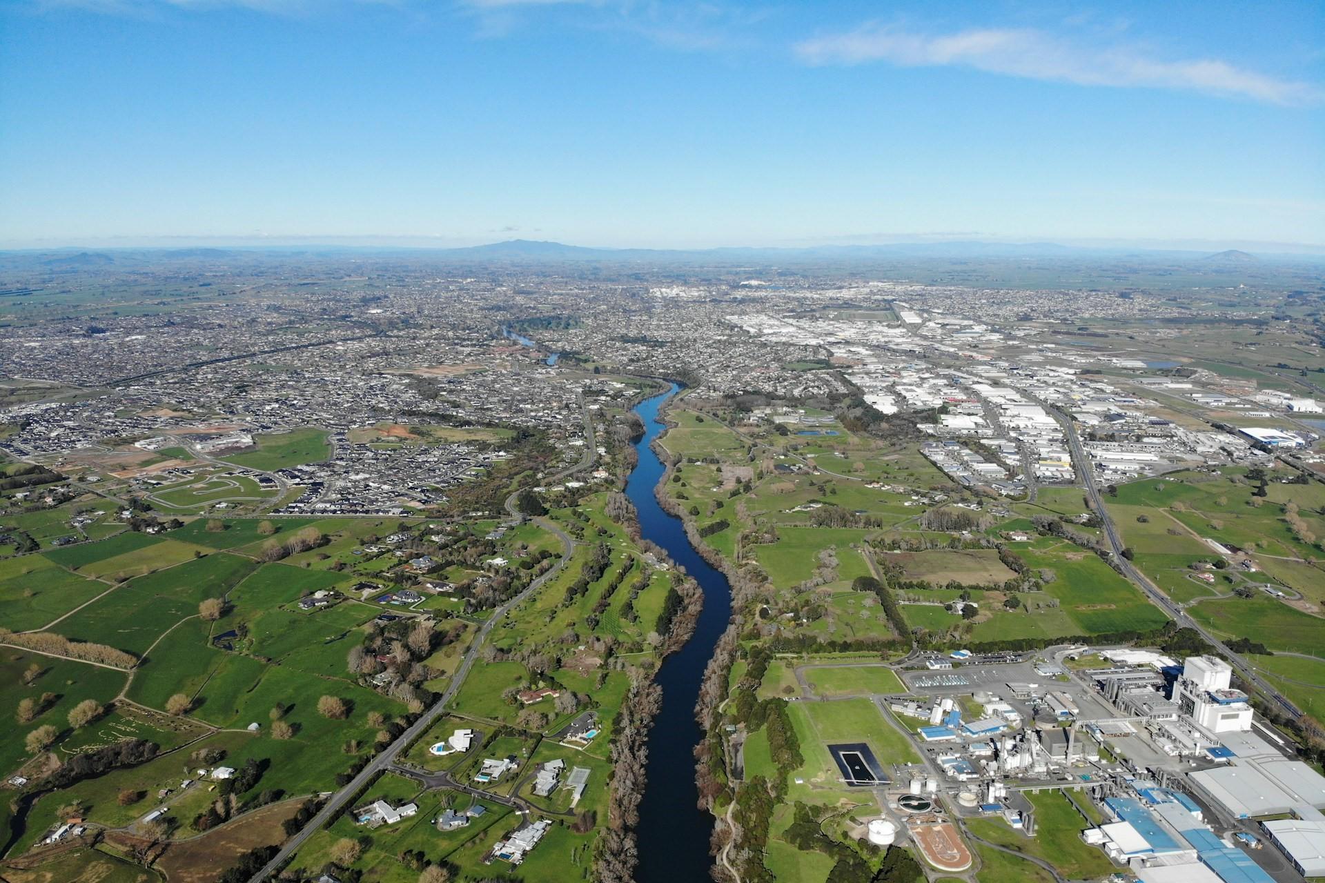 Aerial photography of the Horotiu section of the Waikato River Trail.