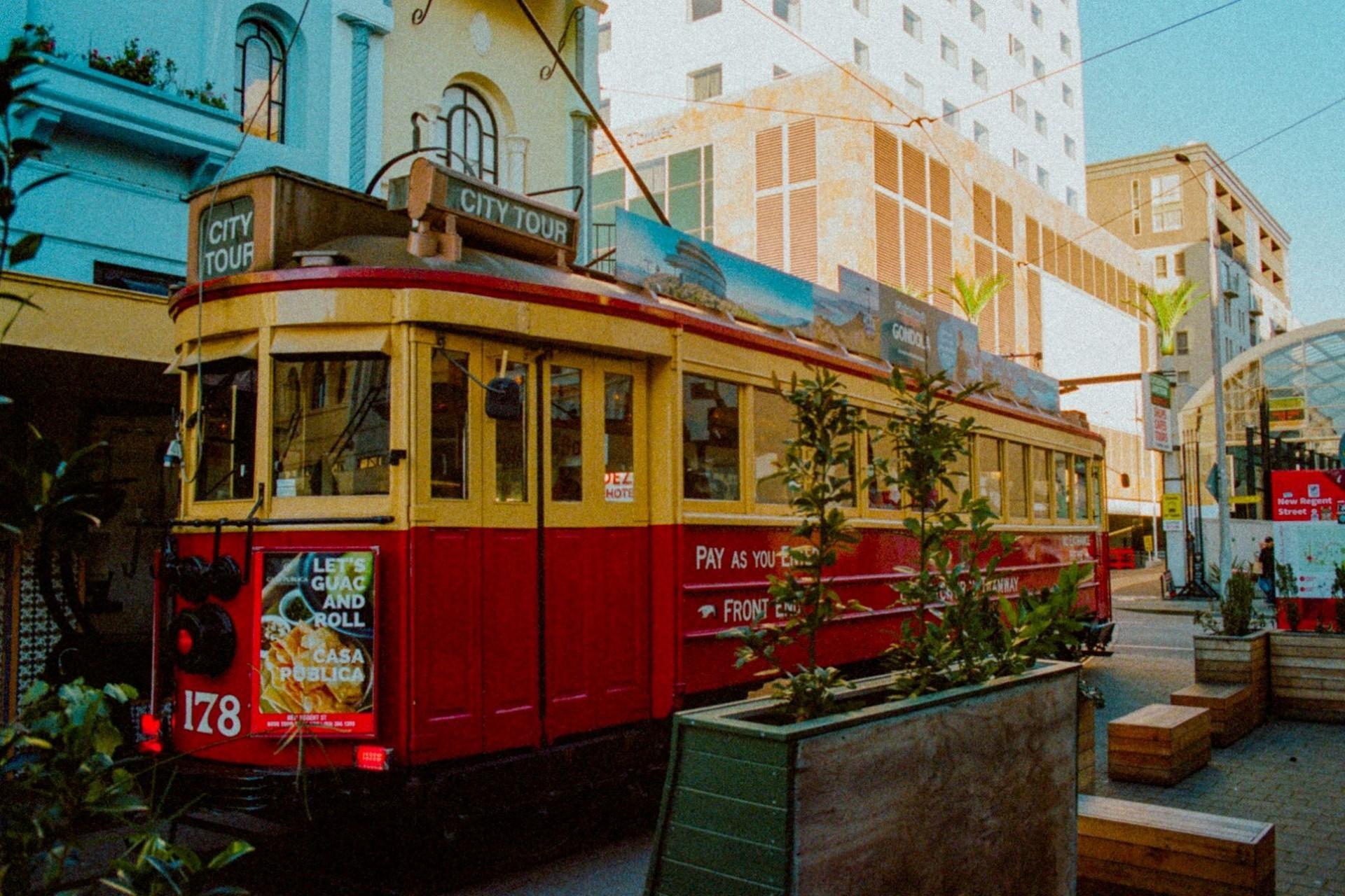 A red trolley in Christchurch, New Zealand.