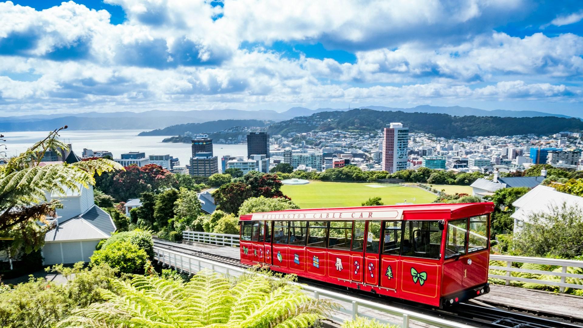 A red trolley in Wellington, New Zealand.