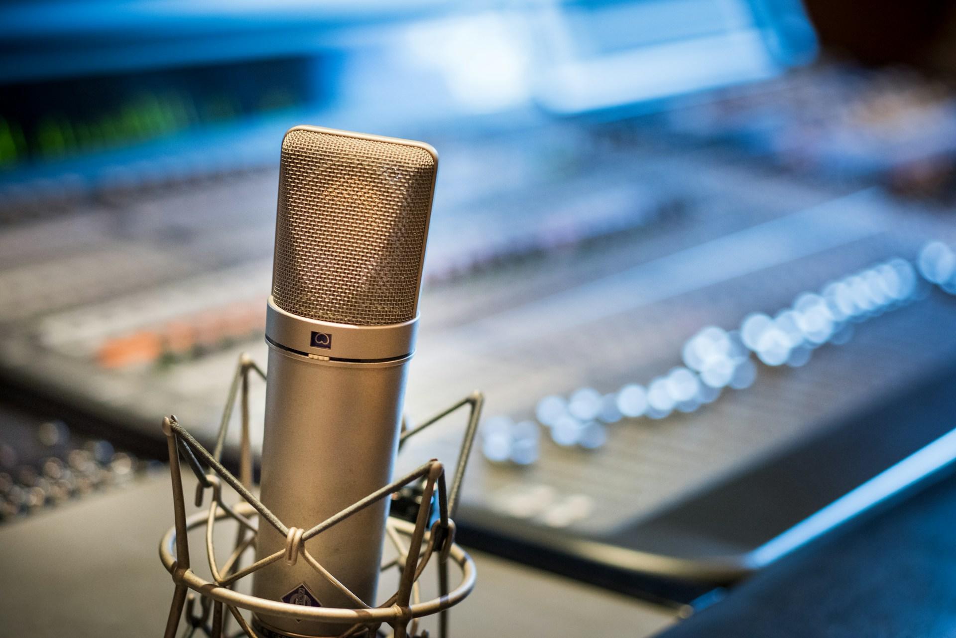 A condenser microphone in a recording studio.