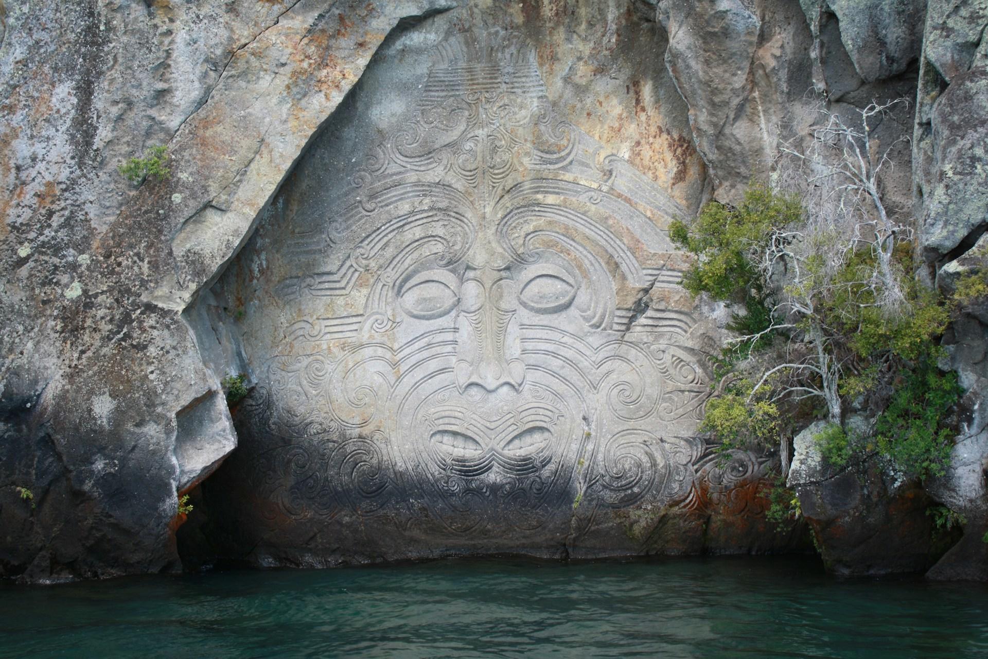 A Maori stone carving in New Zealand.