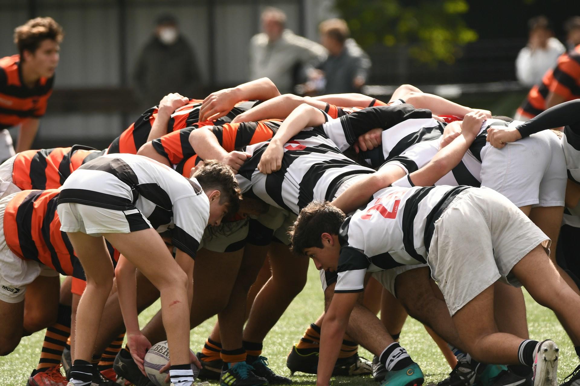 Rugby players in a scrum.