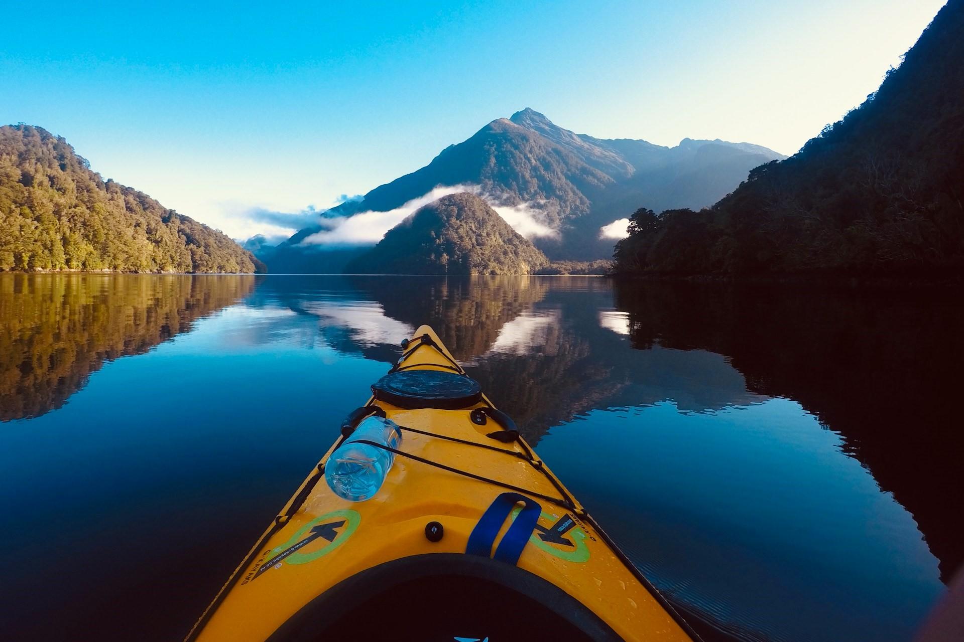 A kayak on a lake in New Zealand.