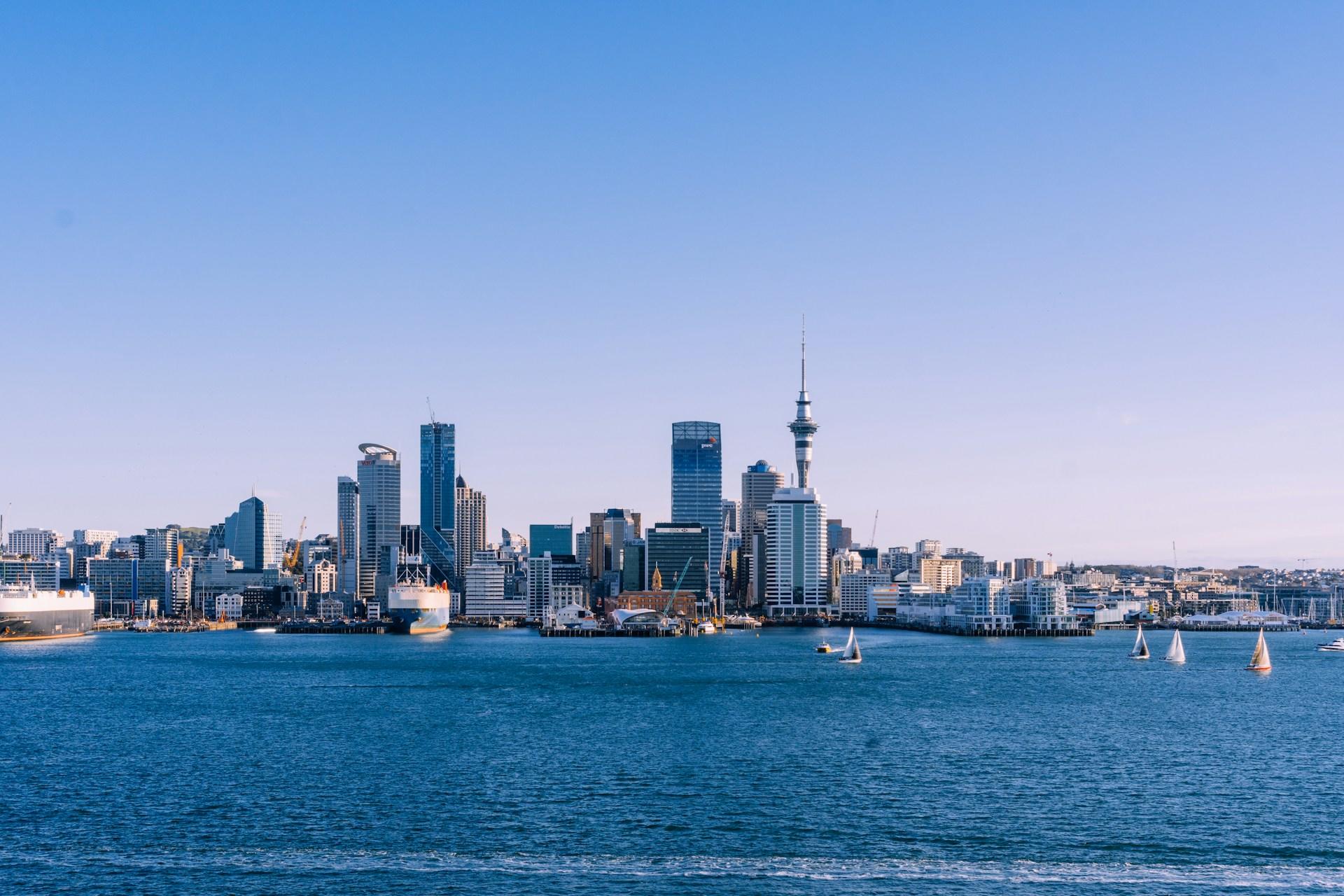 A view of Auckland, New Zealand, across the water.