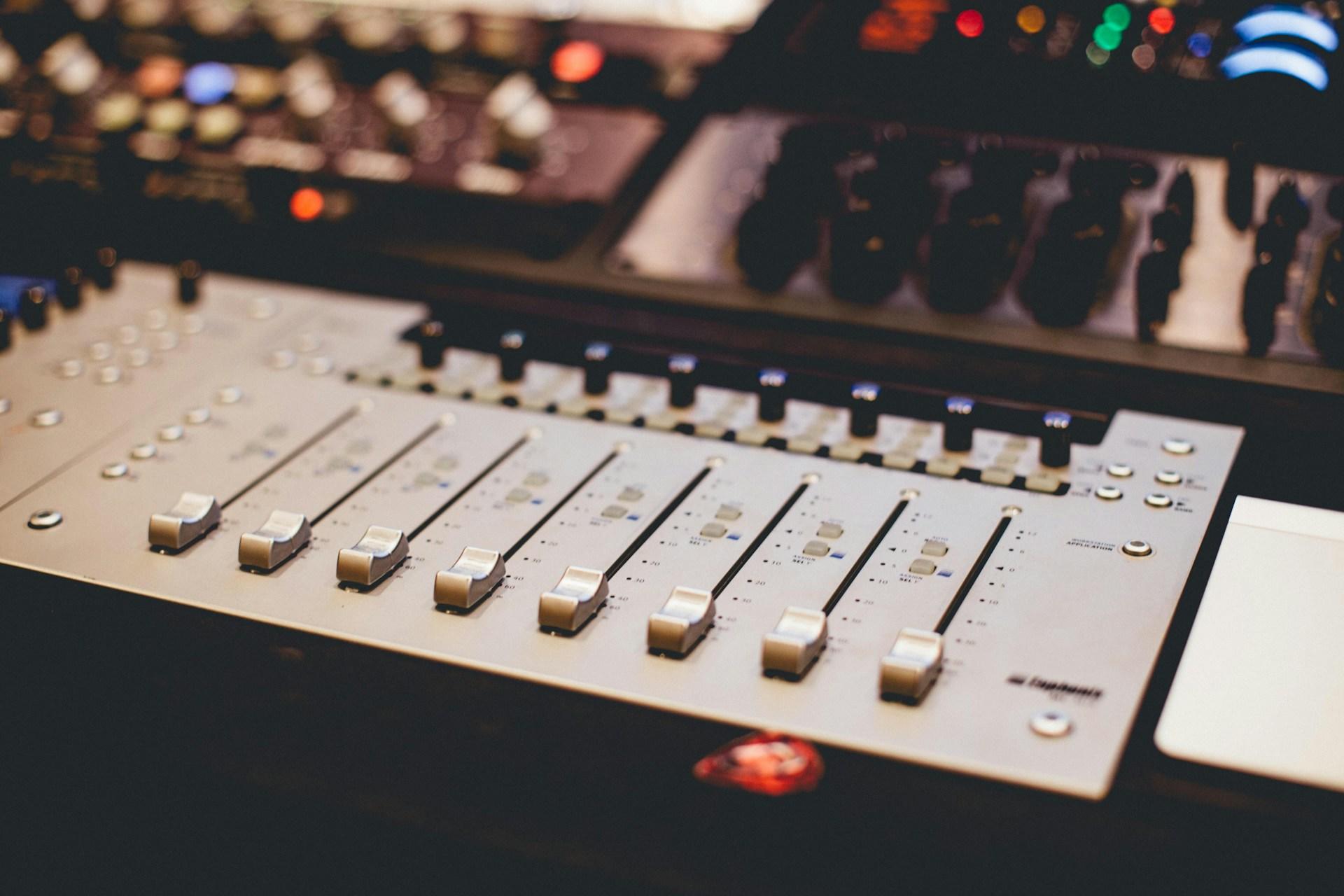 Closeup of a mixing desk for music.